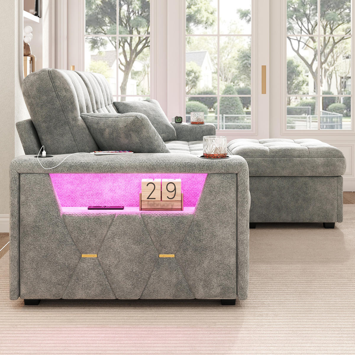 BIGSOFA aus Chenille mit USB-C, LED, Getränkehaltern und Stauraum - Dunkelgrau, Textil (194.5/83/133cm) - EVRYAE