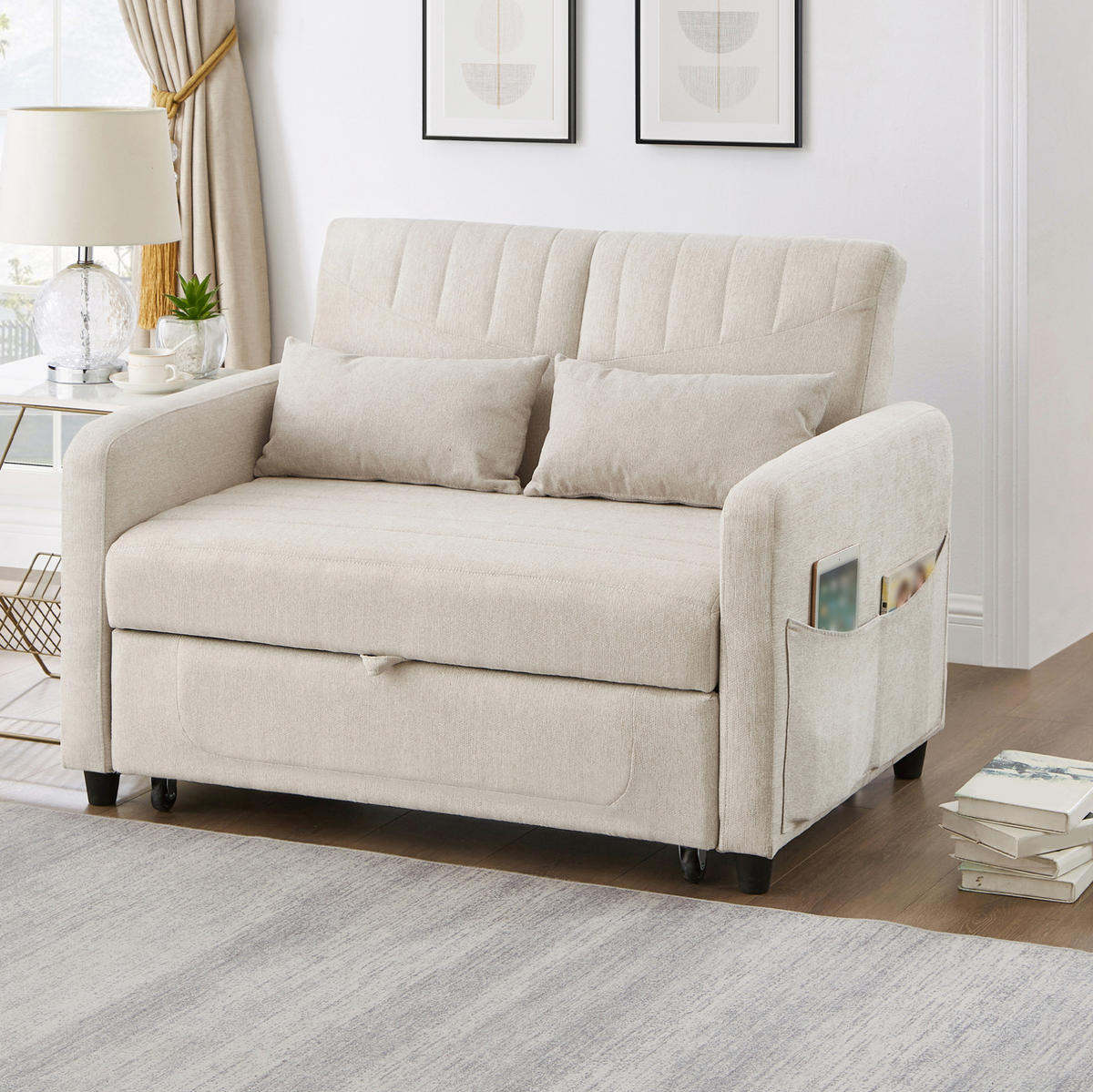 SOFA mit Schlaffunktion Zweisitzer Ausziehbar mit 3-stufig verstellbarer Rückenlehne PU Antik Schwarz 156/100 cm - Beige, Kunststoff (114/82.5/77cm) - OKWISH