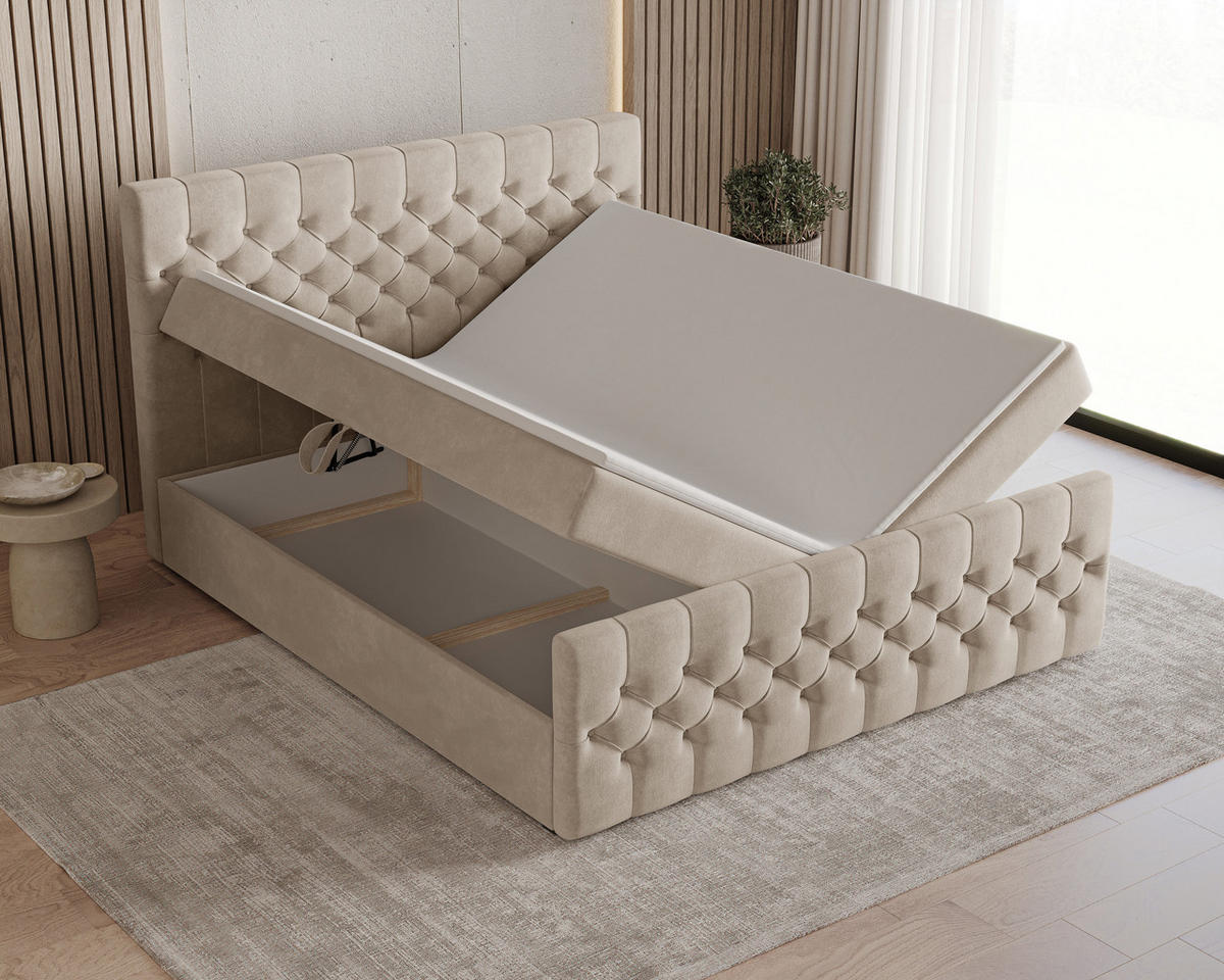 BOXBETT 12 140 x 200 cm - Manila - Modernes Polsterbett mit Bettkasten inkl. PU-Schaum-Topper und Federmechanismus - Beige, Holz (140/200cm) - ROYAL24_MARKT