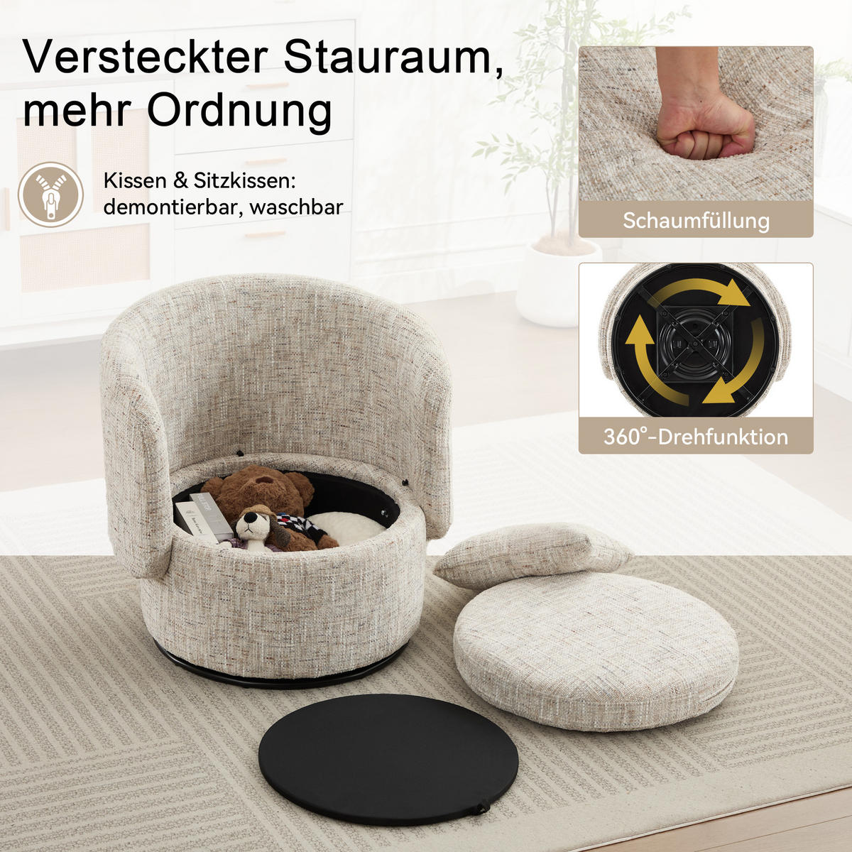 SESSEL 360° drehbar mit Stauraum, DE-42204, Blau - Creme, Holzwerkstoff (66.5/76/72.5cm) - ComfortXL