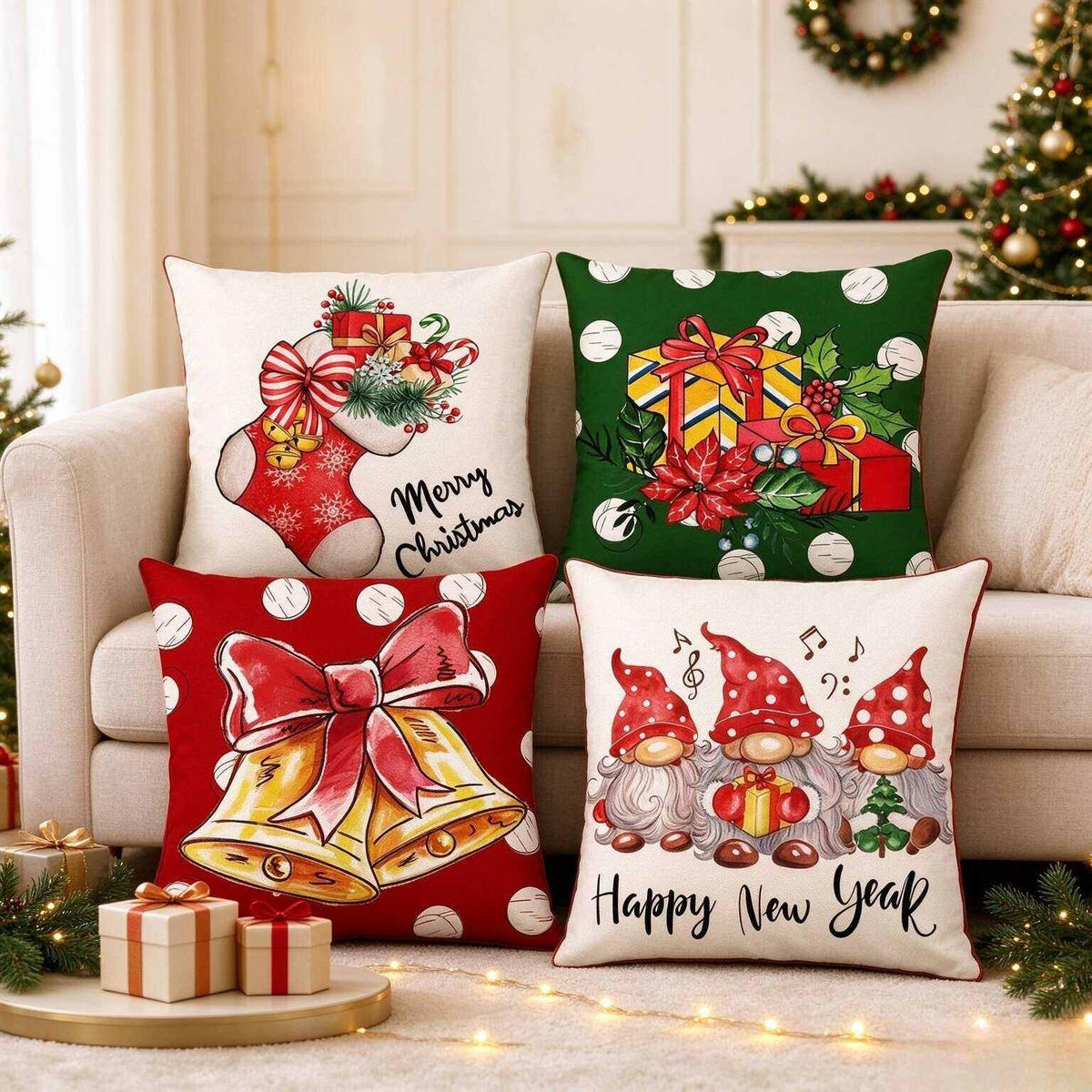 KISSENBEZUG – Weihnachtskissenbezug (Kissenfüllung nicht enthalten) – 45 x 45 cm – Multicolor(vier Stück) - Multicolor, Textil (45/45cm)