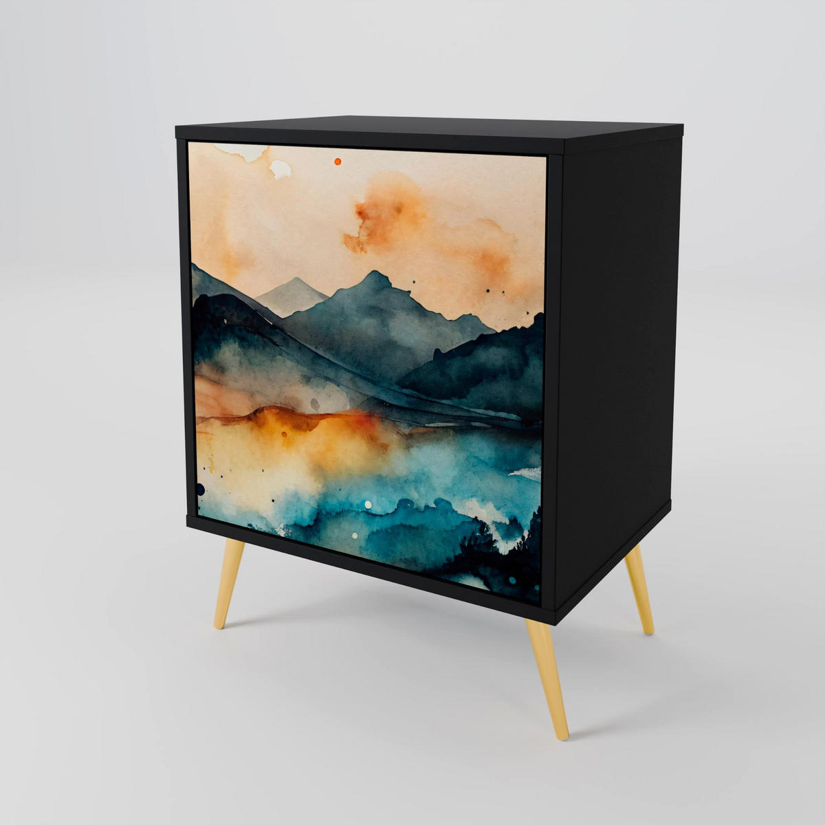 SIDEBOARD OMINOUS MOUNTAINS, Schwarz, 57,5x42x67,5 cm, Schwarze Metall-Rahmenfüße - Multicolor/Schwarz, Holzwerkstoff/Metall (57.5/67.5/42cm) - SpaceRebels