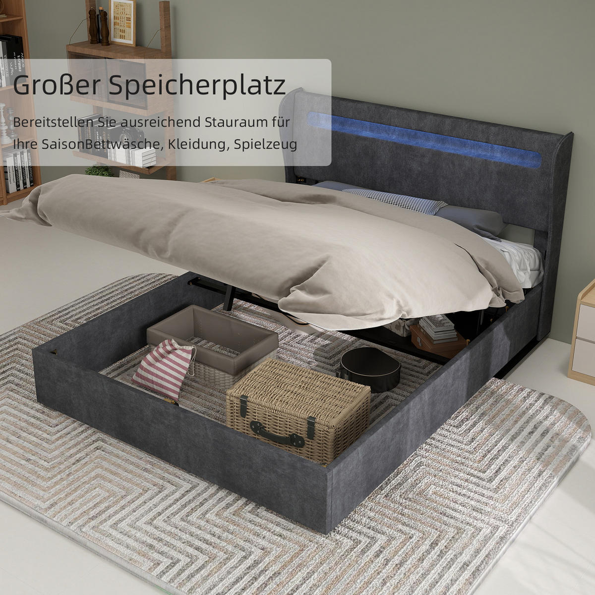 POLSTERBETT 140/200 cm grau aus Stoff und Metall mit LED und verstellbarem Kopfteil - Grau, Textil (140/200cm) - OKWISH