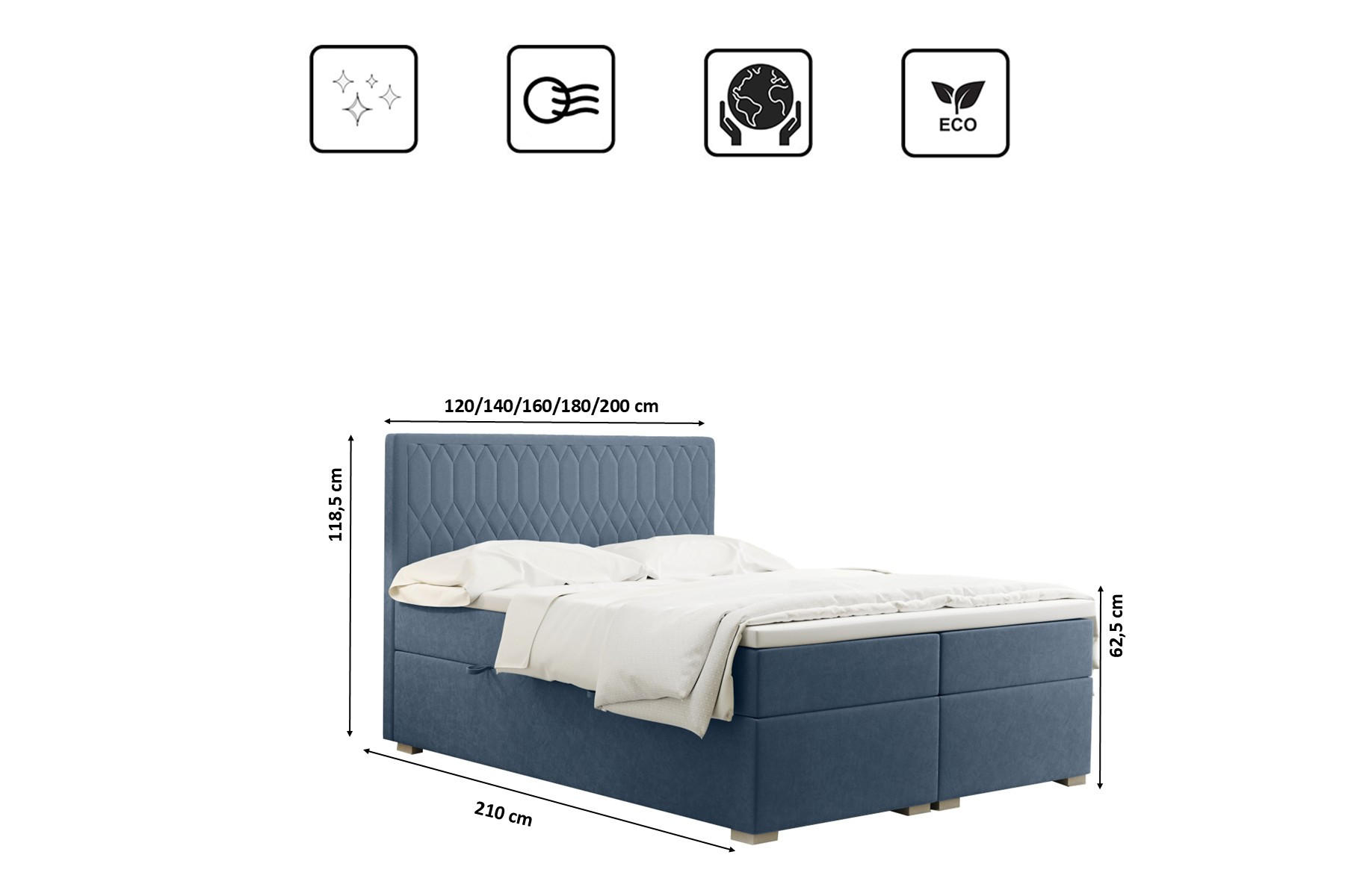 Thumbnail - Kaiser Möbel Boxbett, Hellblau, Textil, 2 Schubladen, H3, Höhe ca. 20 cm, Füllung: Taschenfederkern, Rechteckig, 200x200...