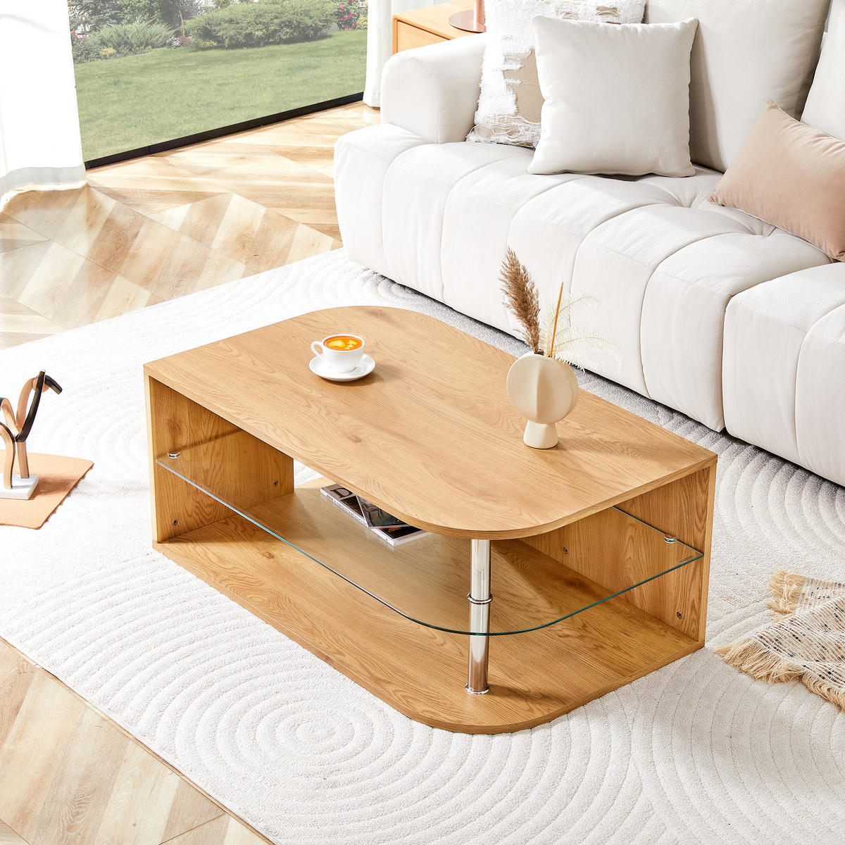COUCHTISCH mit Stauraum Natur/Transparent Holz und Glasablage 100/60/42 cm - Transparent/Naturfarben, Glas/Holzwerkstoff (100/60/42cm)