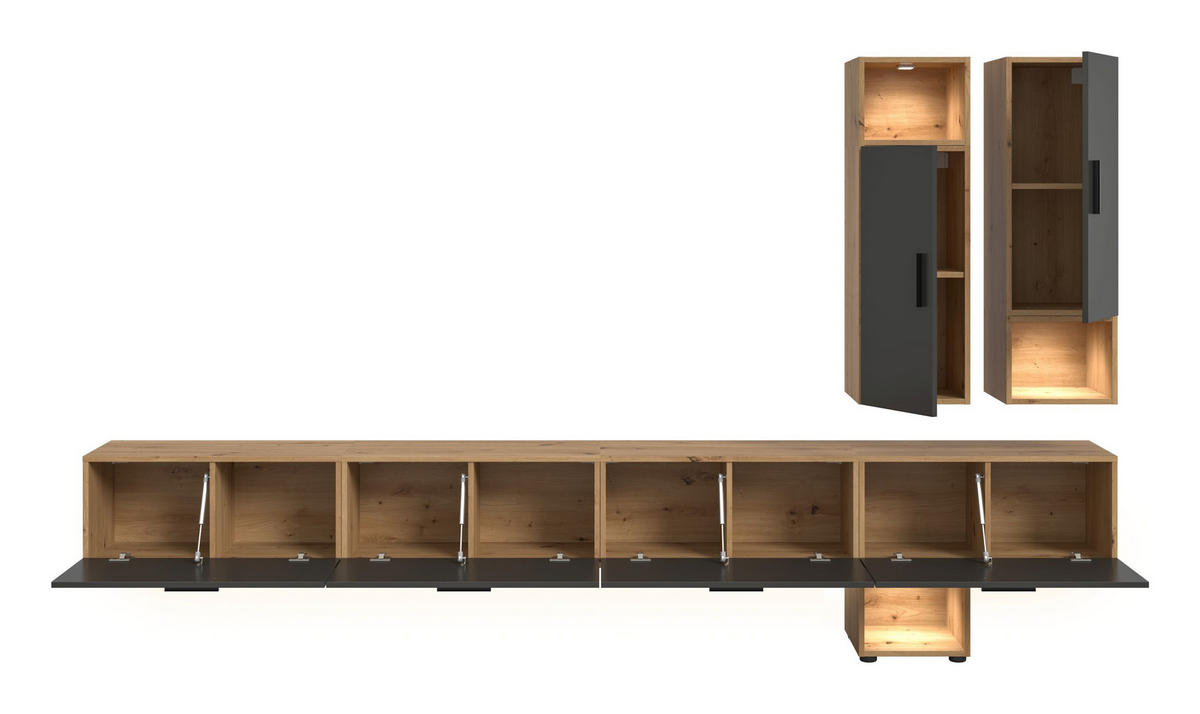 WOHNWAND INKL BELEUCHTUNG The One Basalt grau 300/34/178 cm - Braun, Holzwerkstoff (300/178/34cm) - Xonox