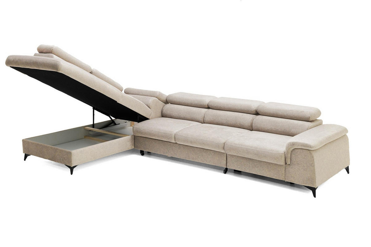 ECKSOFA PLAZA MAXI Links mit Schlaffunktion 127x195 Velours Beige - Beige/Schwarz, Holz/Textil (350/203cm) - Muffo