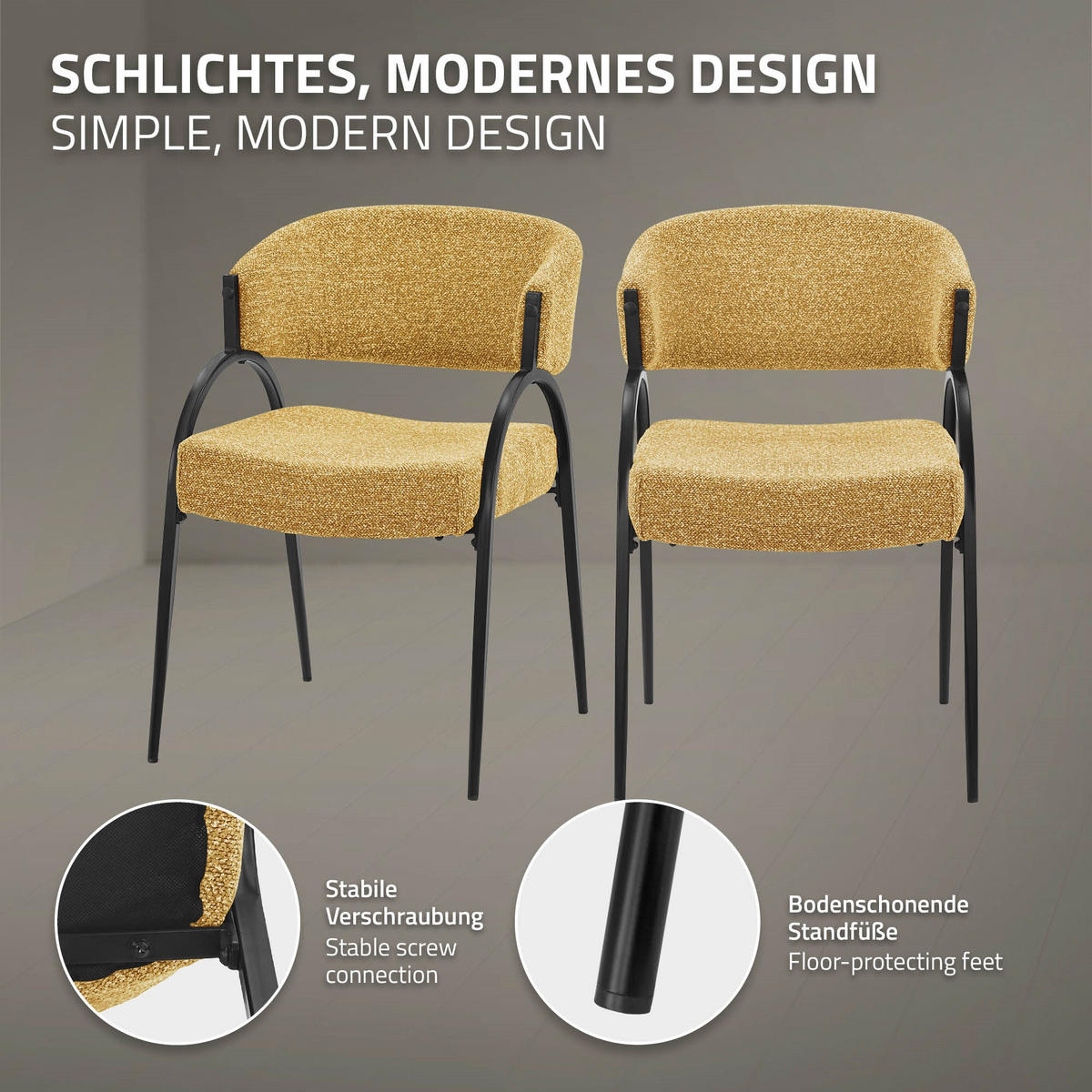ESSZIMMERSTUHL 2er Set Küchenstühle gepolstert mit Webstoff-Bezug und Arm- und Rückenlehne Senf - Gelb/Schwarz, Textil/Metall (54/81/65cm) - ML-DESIGN