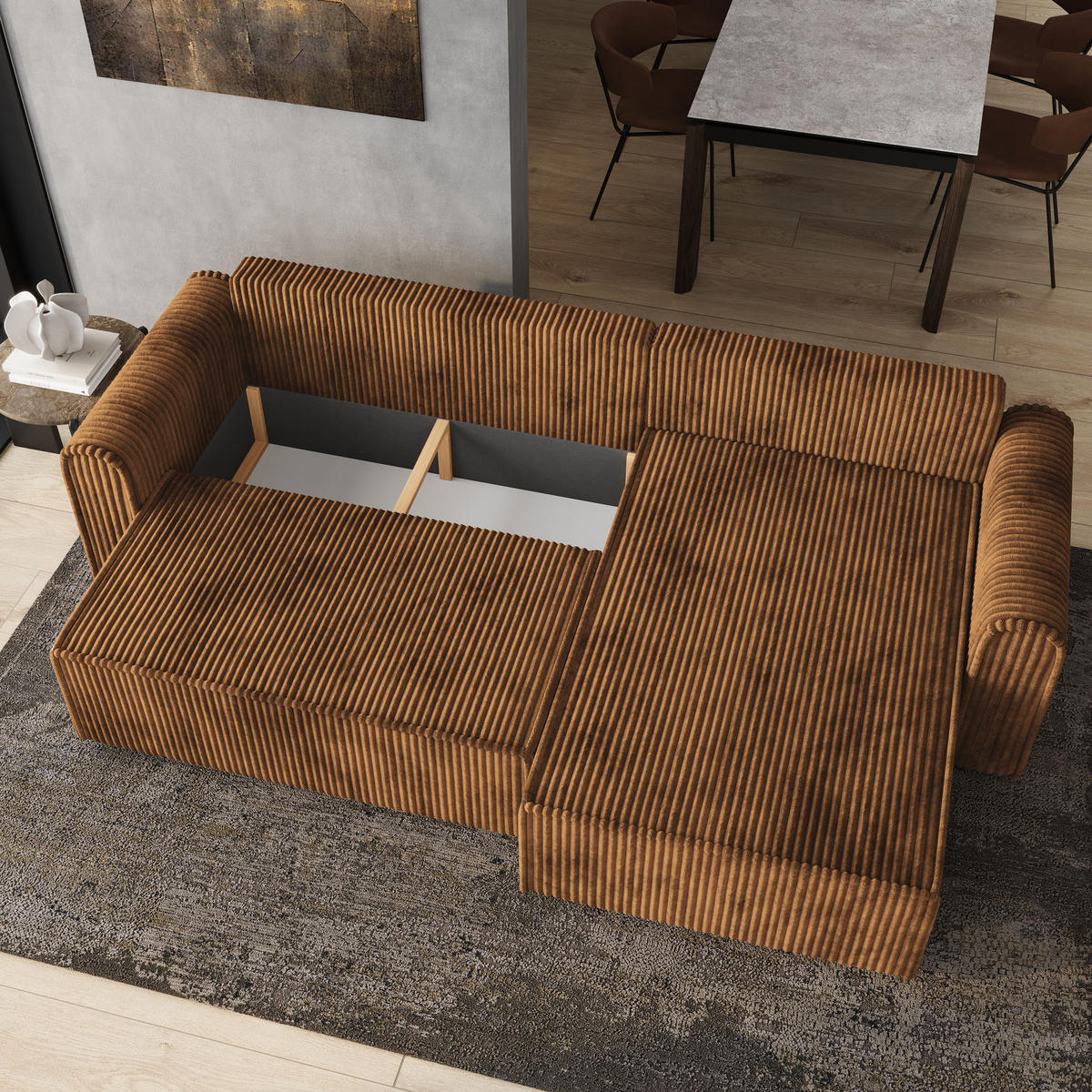 ECKSOFA VALTINO Kupferfarben Kordstoff mit Schlaffunktion - Kupferfarben, Holz (275/148cm) - MASSENO