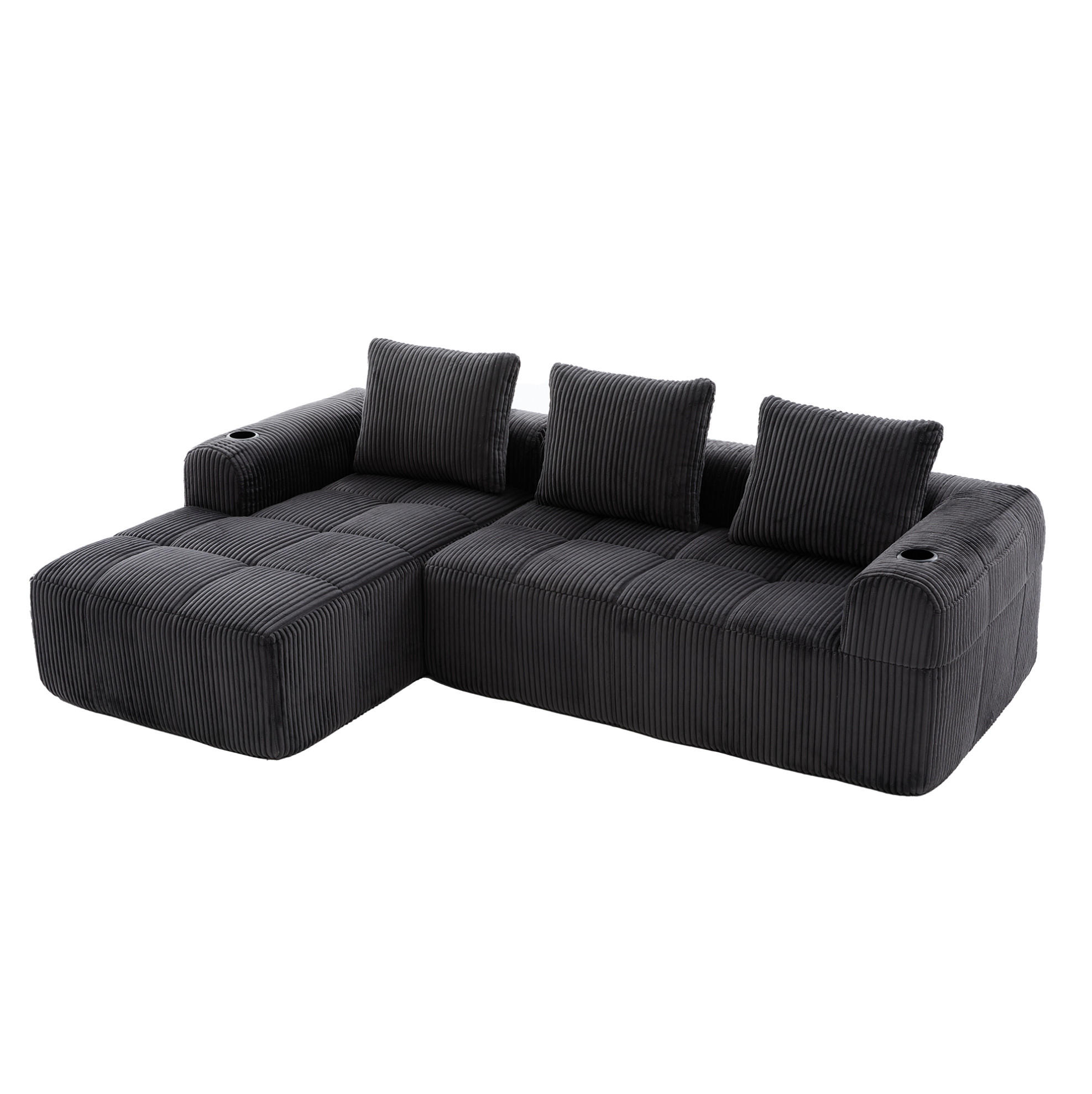 ECKSOFA aus Cord 253x158x61 cm in Dunkelgrau mit Seitenfach & Becherhalter - Dunkelgrau, Textil (158/253cm) - Modfu