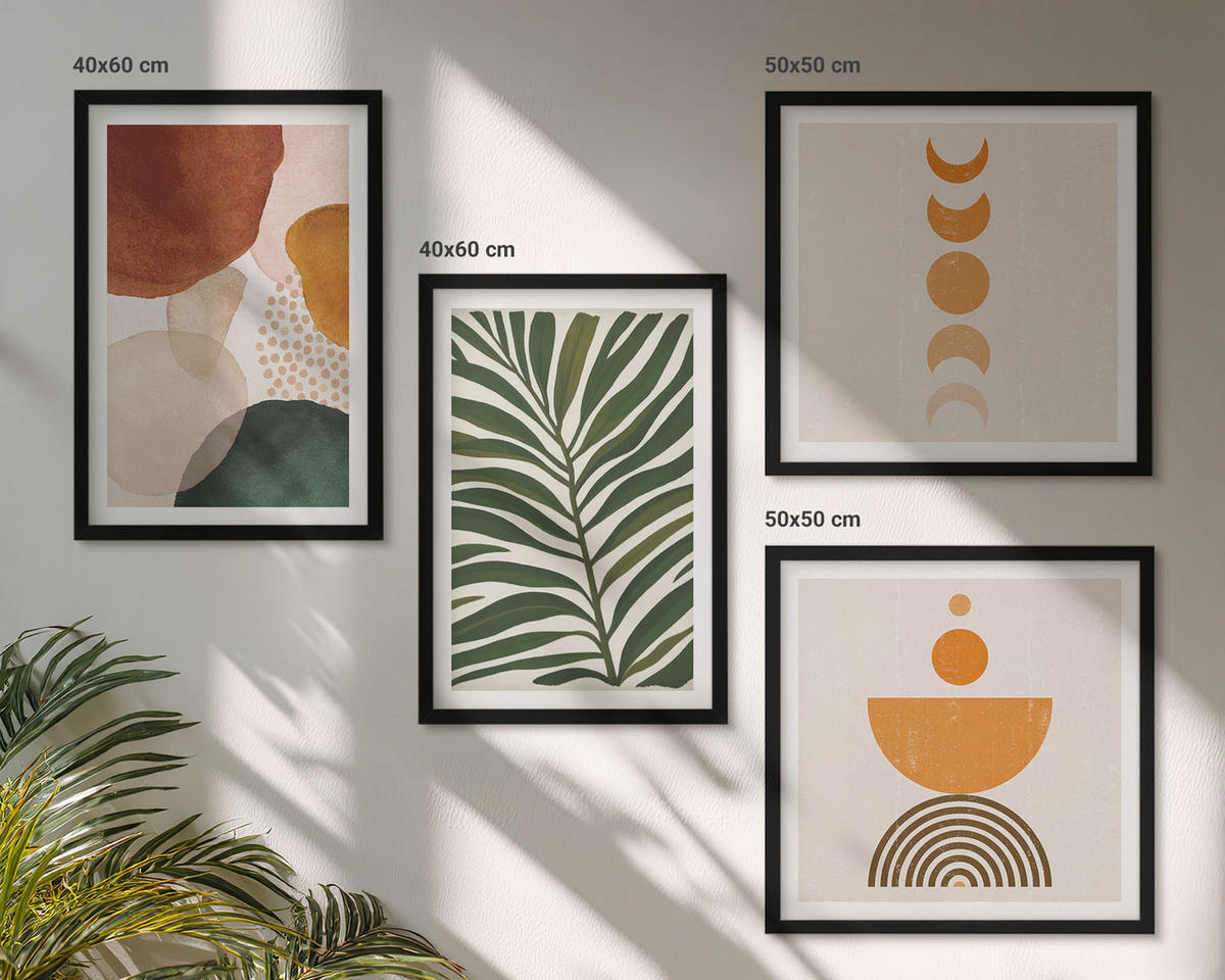 BILDER SET 4er Set - 50x50 cm & 40x60 cm Schwarzer Rahmen - Abstrakte Blattformen - Schwarz, Kunststoff (50/50cm) - TULUP