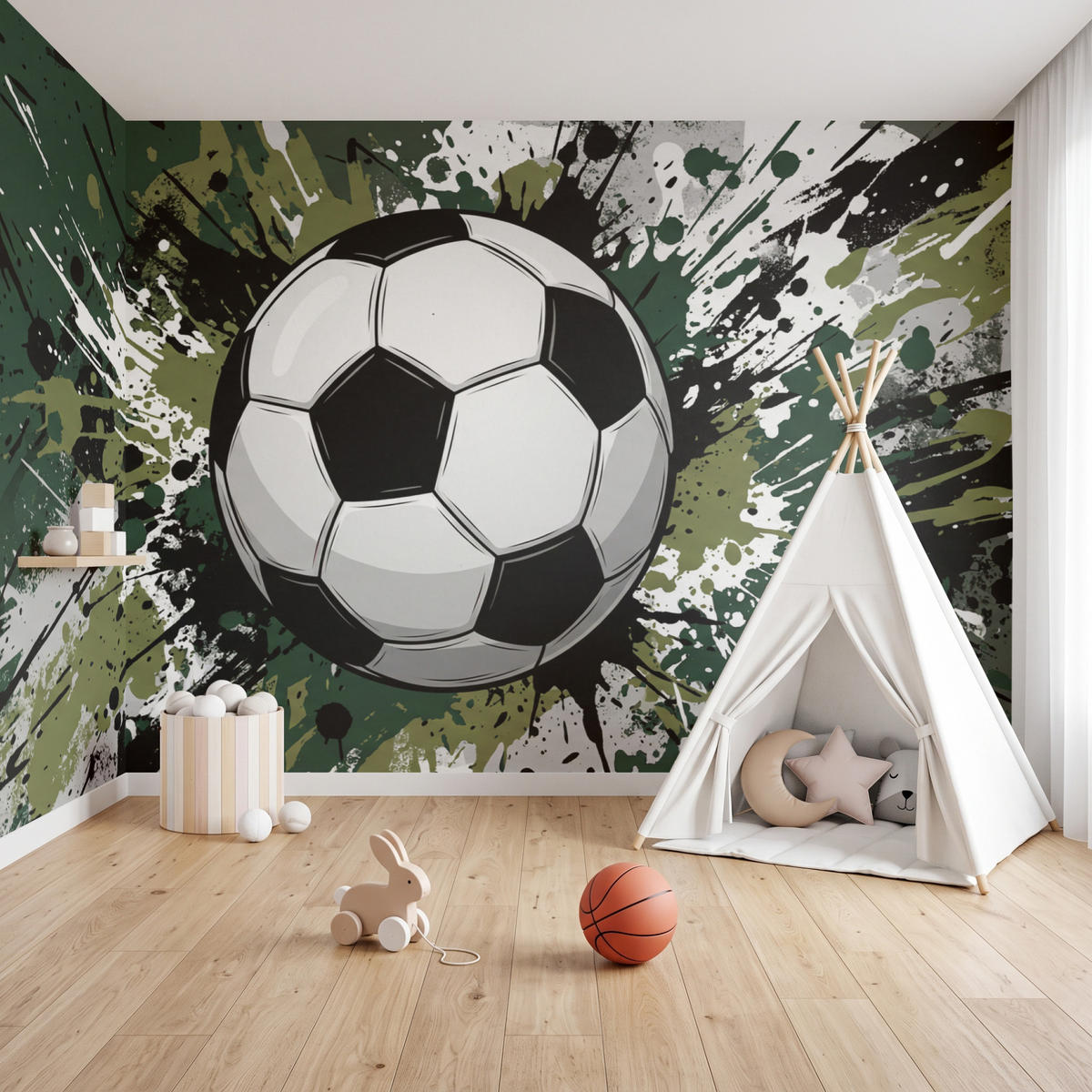 KINDERTAPETE - Fußball - Farbe - Spritzer - Grün - 350x200 cm - Dunkelgrün, Papier (350/200cm) - OnlyWow
