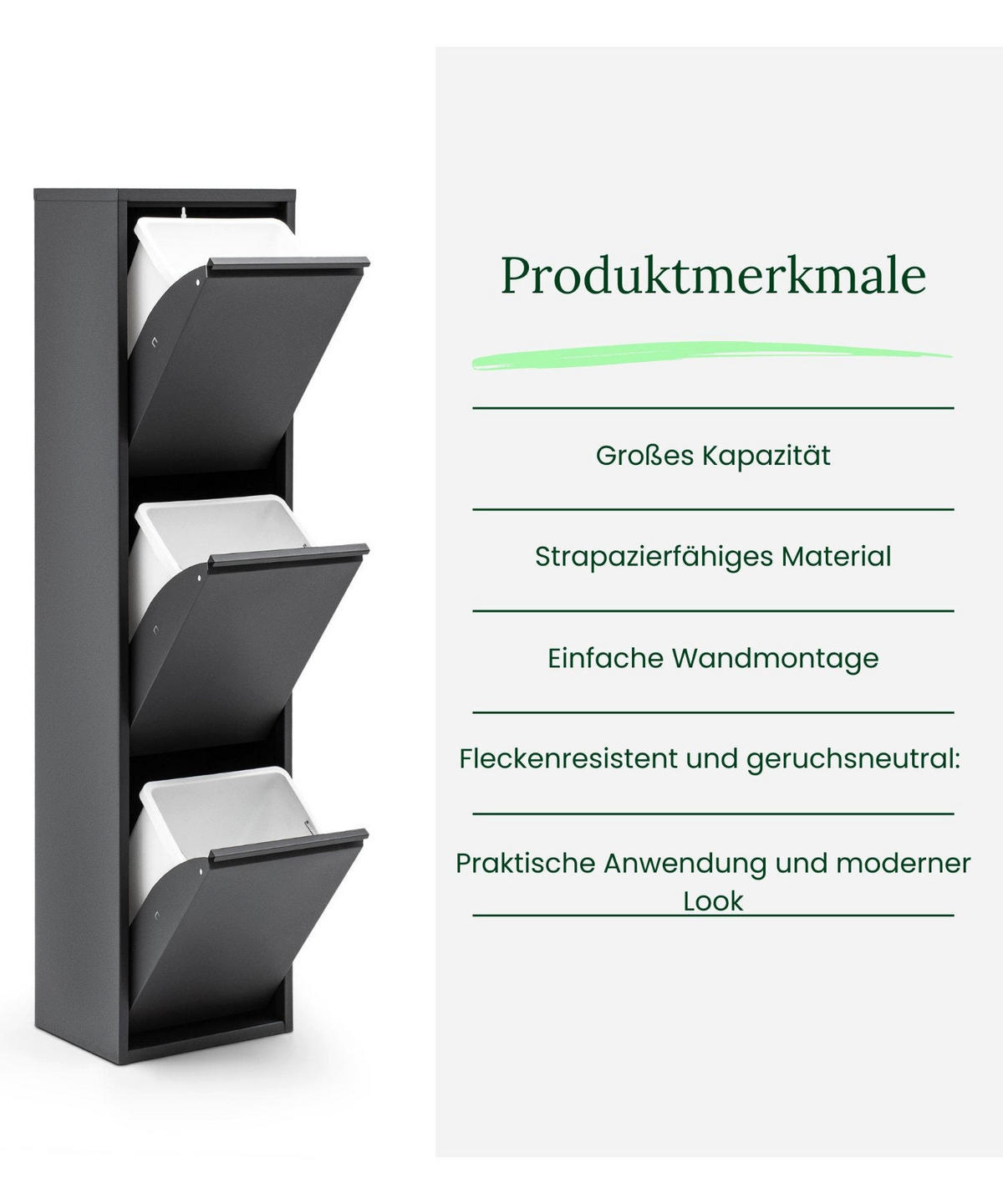 MÜLLEIMER 3 Fach Anthrazit Mülltrennsystem aus Metall - Anthrazit, Metall (33/136/25cm) - Gowoll