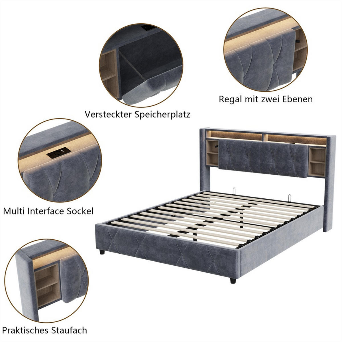 POLSTERBETT 160x200 cm mit LED-Beleuchtung - aufklappbarem Kopfteil & hydraulischem Bettkasten - Integrierte Ladestation - Grau, Textil (160/200cm) - DELFA