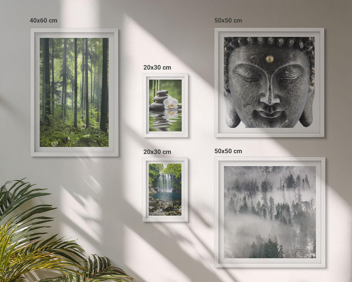 WANDBILDER 5er-Set - 50x50 cm & 20x30 cm & 40x60 cm Weißer Rahmen - Harmonie der Natur, Steine, Wasser, Buddha - Weiß, Kunststoff (40/60cm) - ArtPrintCave
