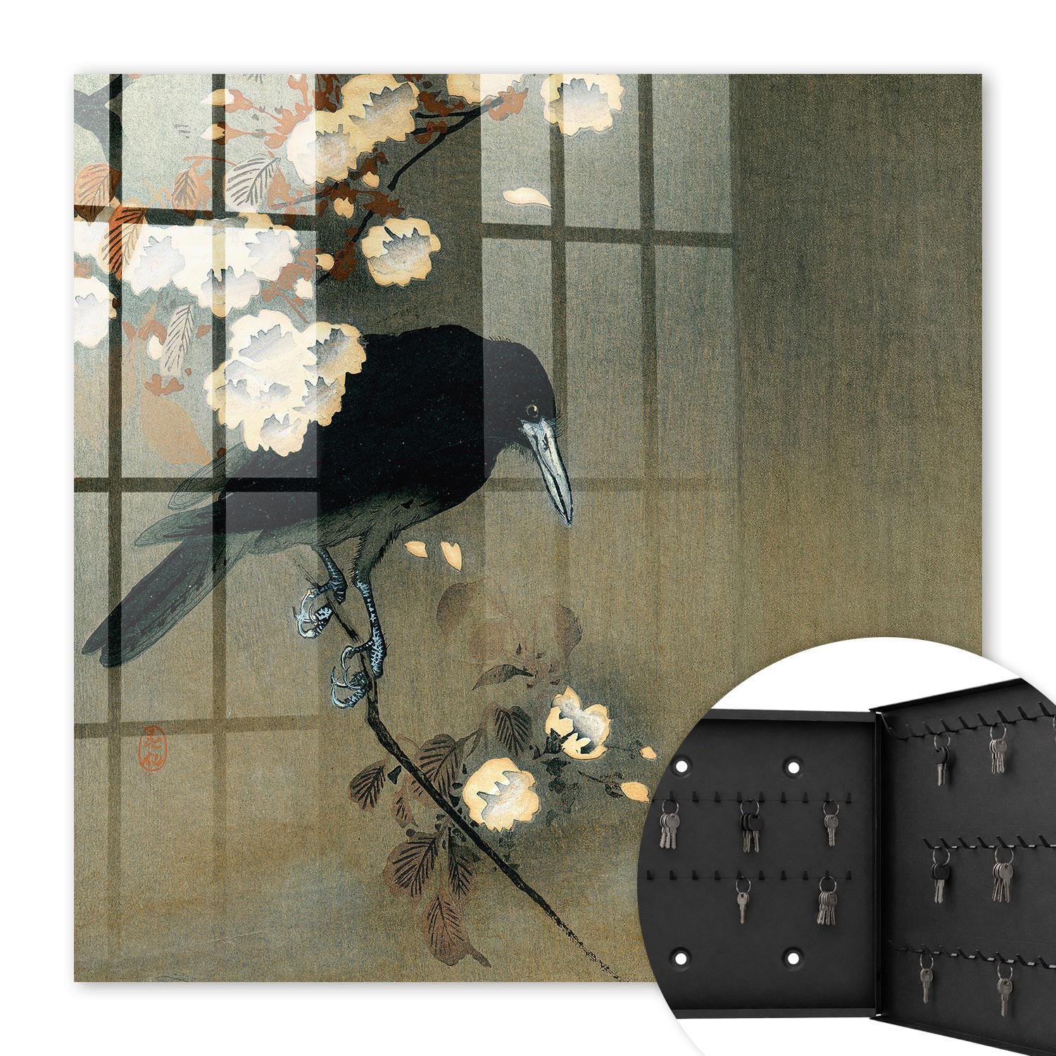 SCHLÜSSELBOX Schwarz 30x30 cm- Türöffnung nach rechts - Ohara Koson Die Krähe und die Kirschblüten - Schwarz, Metall (30/30/5cm) - TULUP