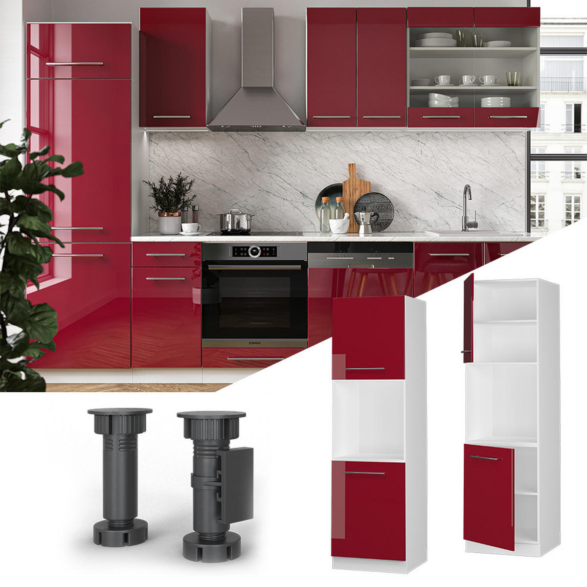 HERDUMBAUSCHRANK Fame-Line Bordeaux Hochglanz 60 cm mit offenem Regal - Bordeaux/Weiß, Holzwerkstoff (60/206.8/58cm) - Vicco