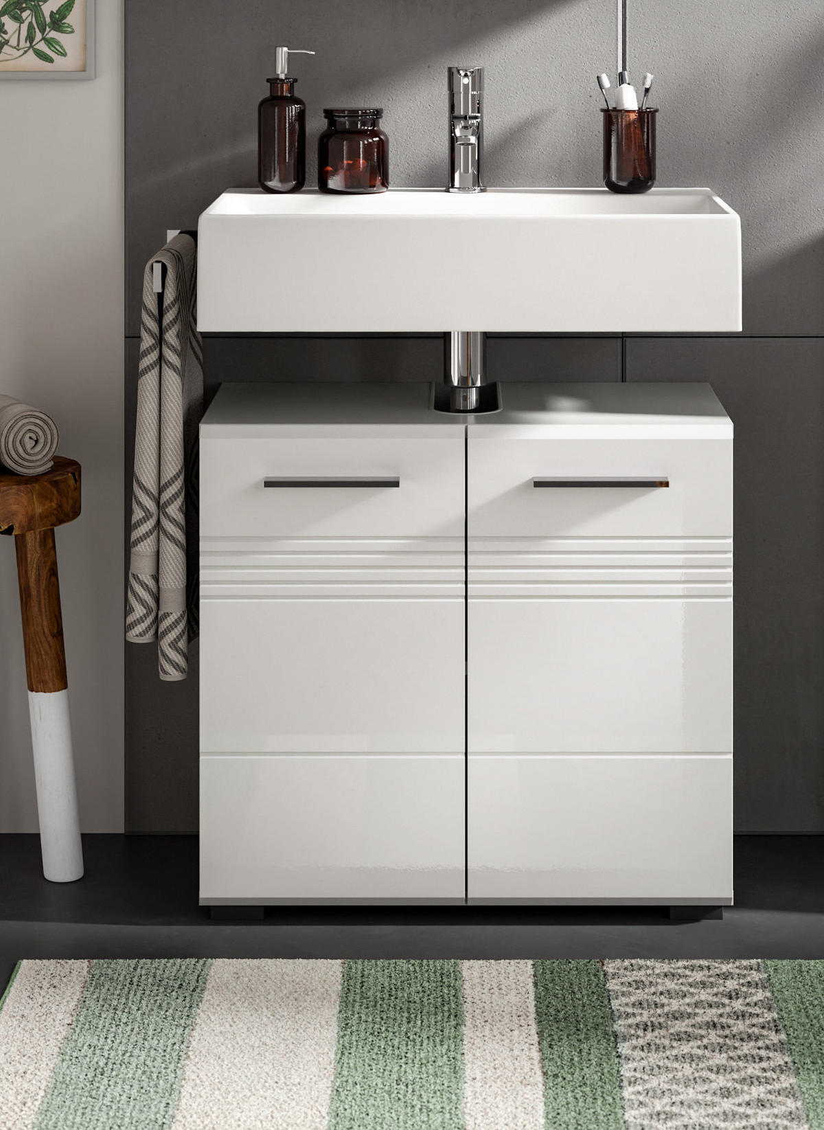 WASCHBECKENUNTERSCHRANK weiß Hochglanz, grau 60 cm - Weiß Hochglanz/Silberfarben, Holzwerkstoff/Kunststoff (60/56/32cm) - Inn.Furn