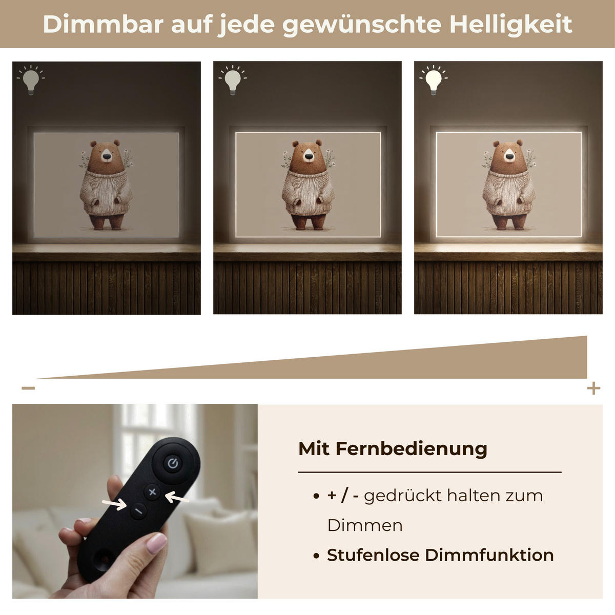 NÁSTĚNNÁ LAMPA S AKUMULÁTOREM Medvěd - Bílé květy - Cosy 40x30 cm - šedohnědá, kompozitní dřevo (40/30/8cm) - OnlyWow