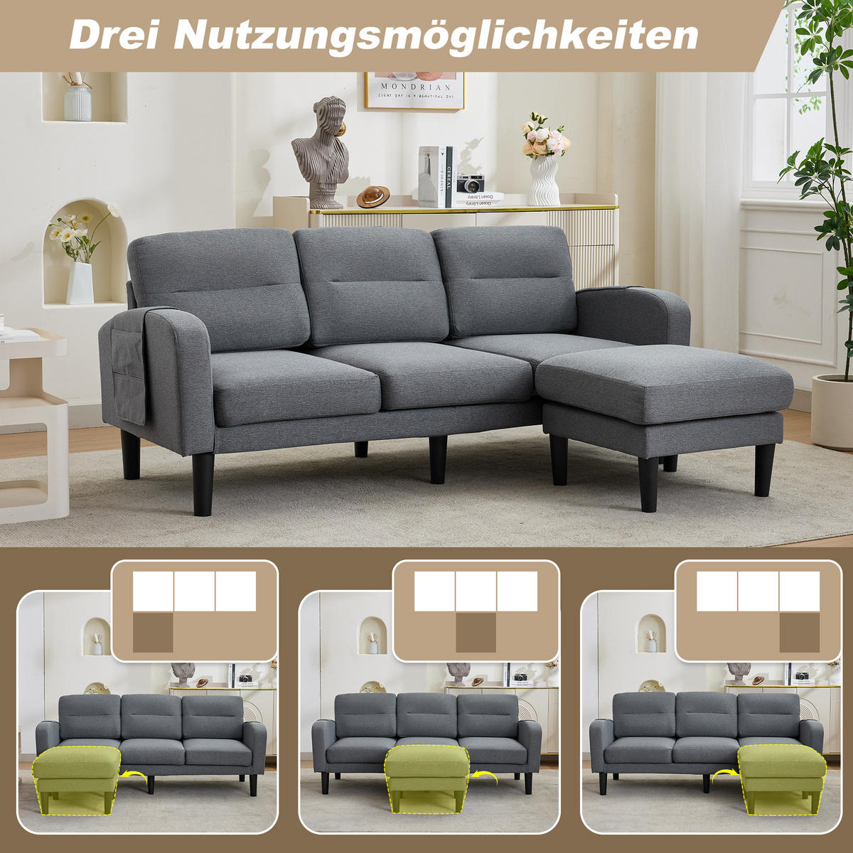 ECKSOFA L Form 3-Sitzer Chaiselongue Stauraum Tasche Grau 204cm - Grau, Textil (204/136cm) - FLIEKS