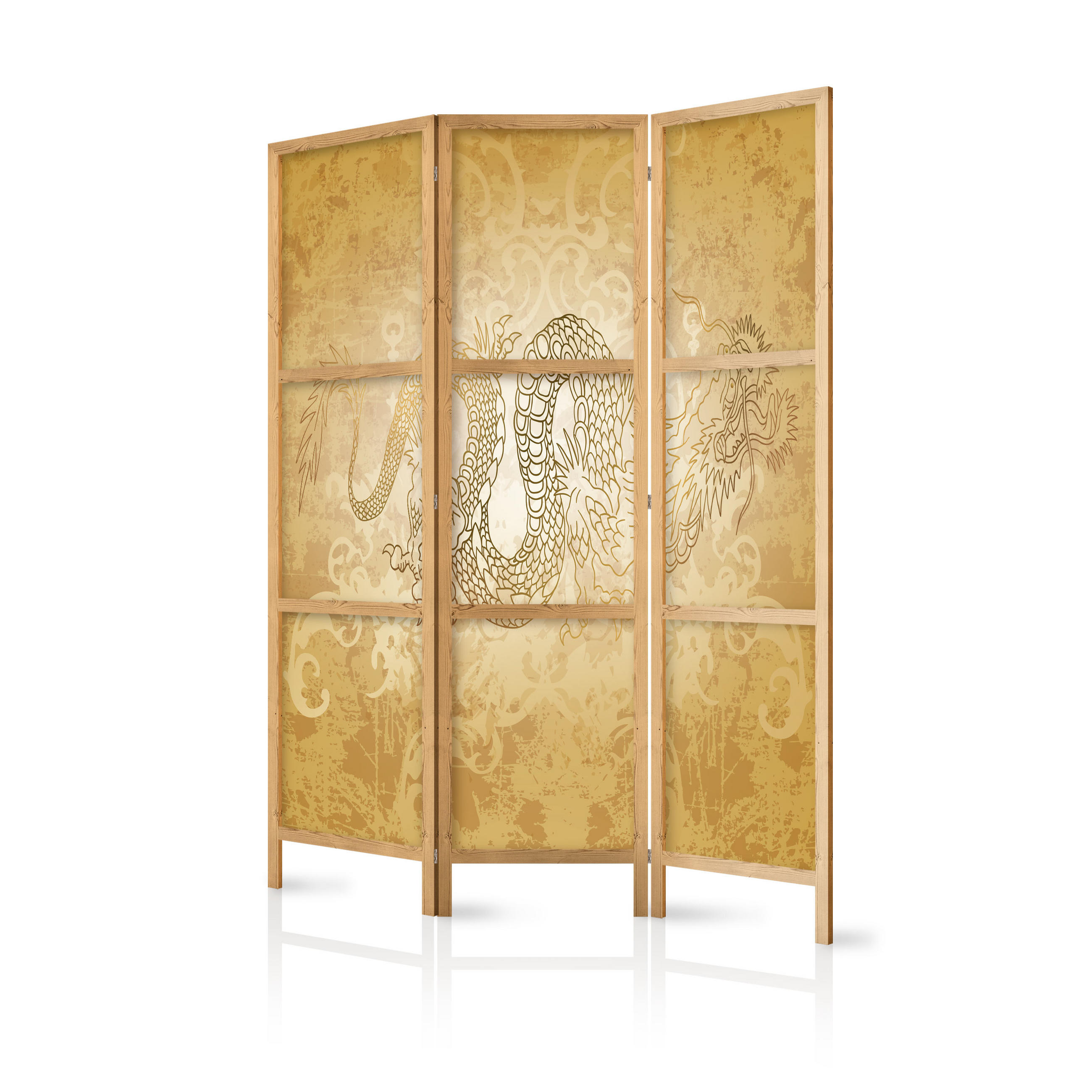 PARAVENT Japanischer 3-tlg 135x172 cm Japanischer Drache - Gelb, Holz/Textil (135/172/3cm) - Muralo