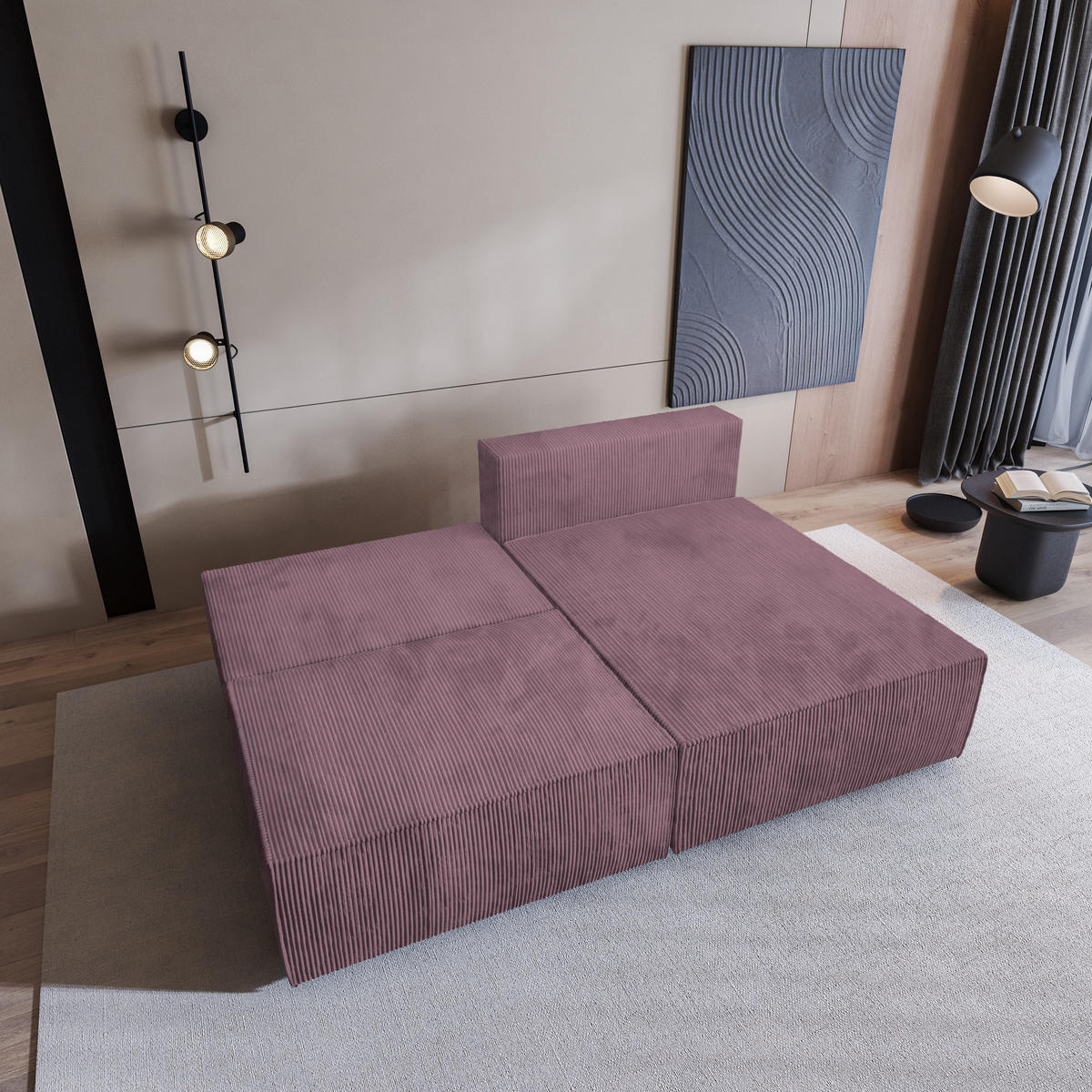 ECKSOFA FIORO P Lila Kordstoff mit Schlaffunktion - Lila, Holz (204/148cm) - MASSENO