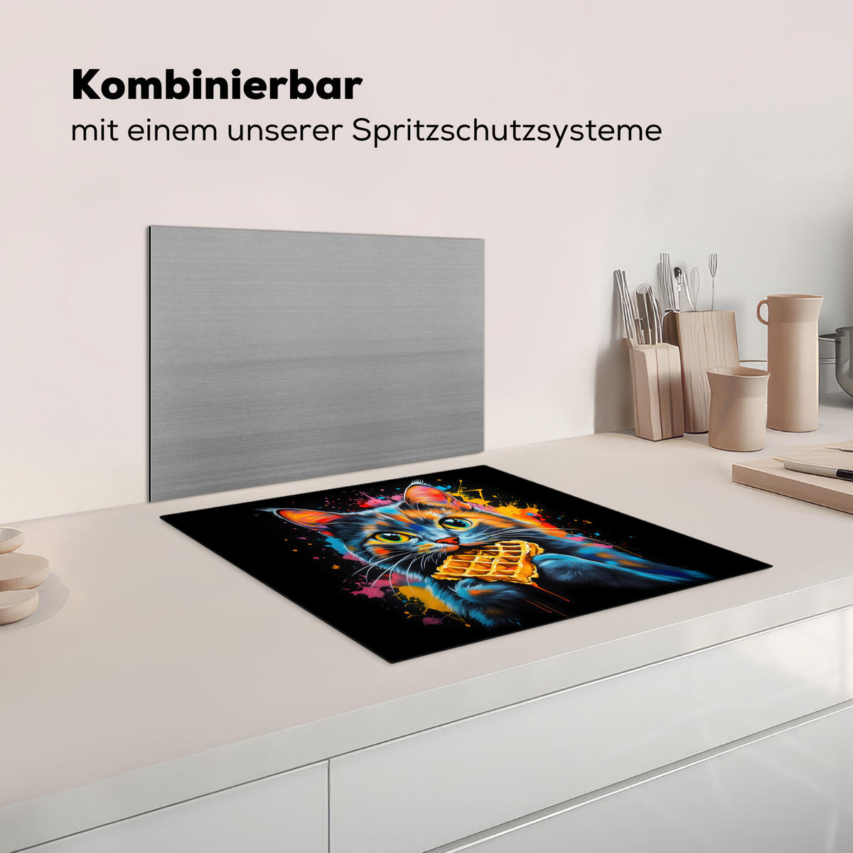 HERDABDECKPLATTE Katze - Graffiti - Bunt - Waffel - Essen Herdabdeckung Induktionsfeld 60x52 cm - Multicolor, Kunststoff (60/52/0.2cm) - MuchoWow