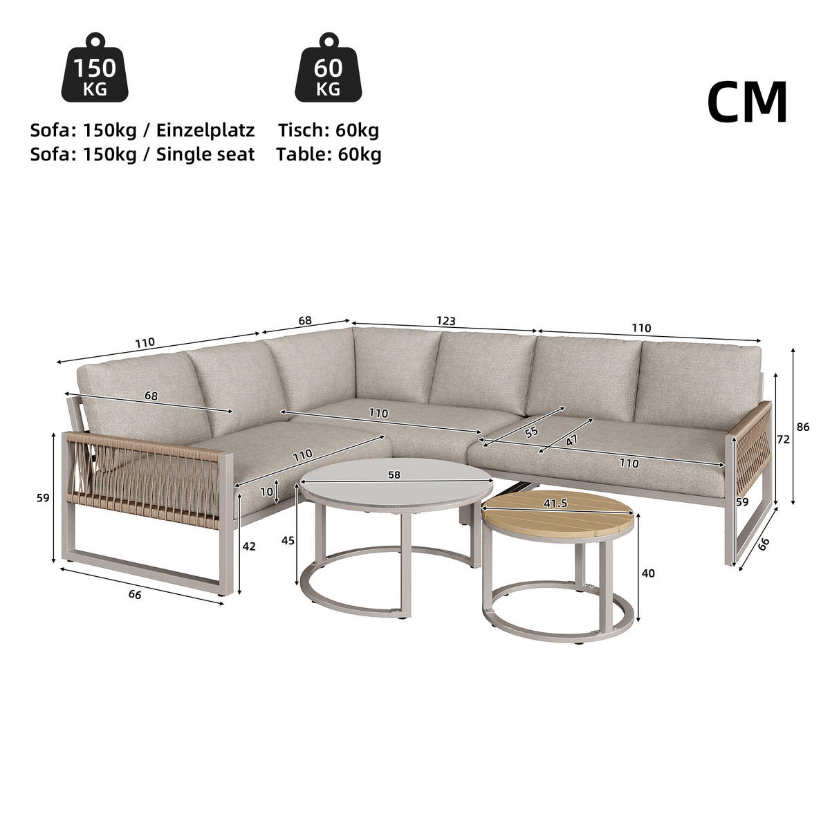 LOUNGESET 6-7 Personen Beige Eck Mit Verstellbaren Füßen - Beige, Metall - FLIEKS