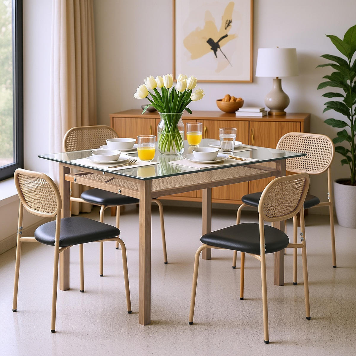 ESSTISCH SET mit Glasplatte & 4 Rattanstühle - Schwarz, Glas/Textil (110/74/65cm) - Urban Meuble