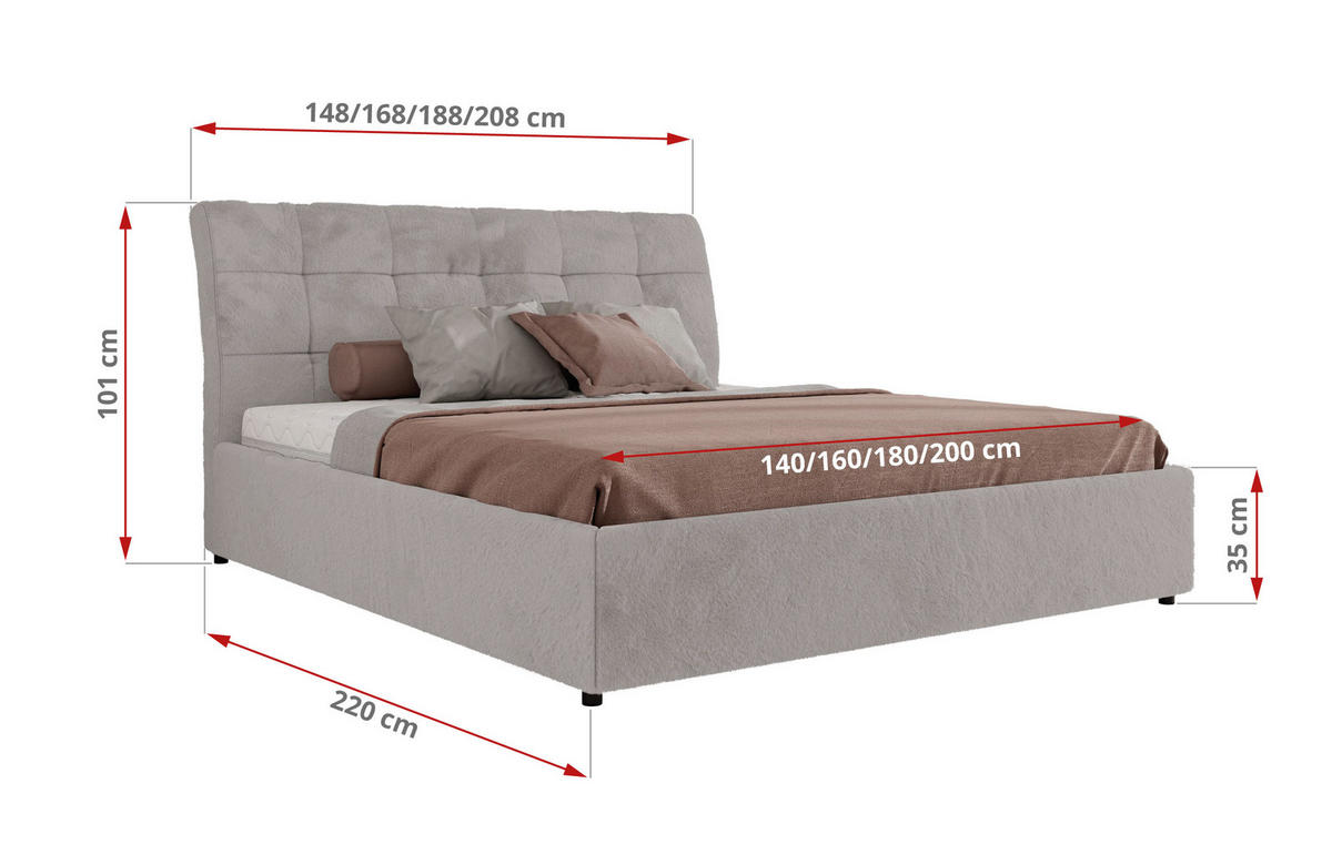 POLSTERBETT GALA CLASSIC 140/200 - Hellgrau Plüsch - ohne Matratze - Hellgrau, Textil (140/200cm) - MKS