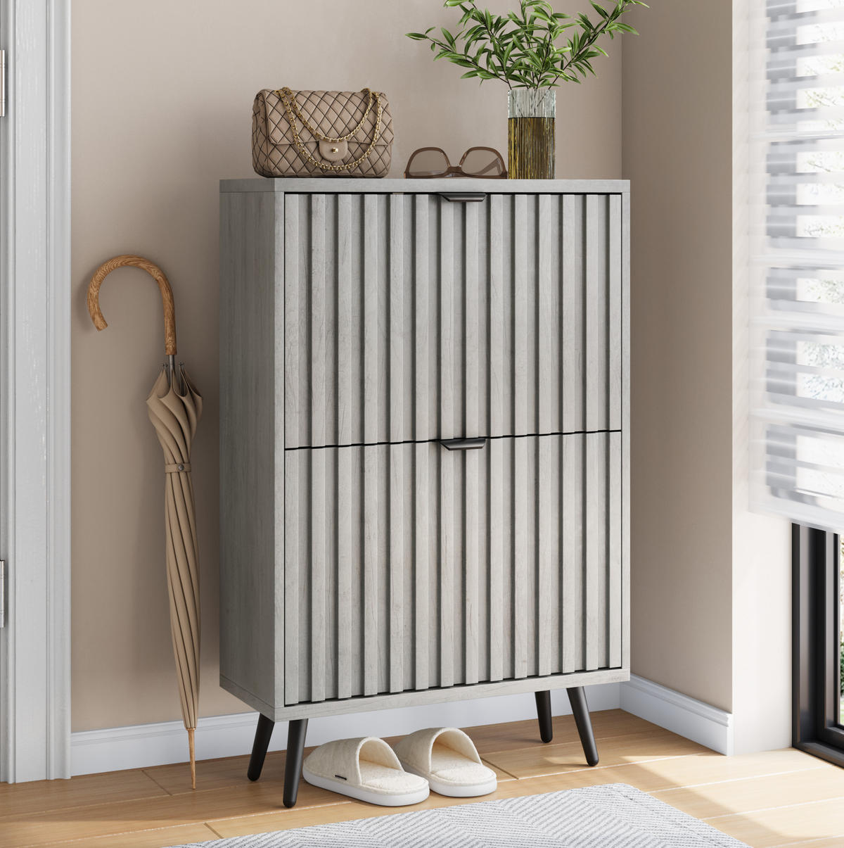 SCHUHSCHRANK 60 cm in Grau mit 2 Klappen und Rillendesign - Grau, Holzwerkstoff (60/94/24cm) - Flora Grace