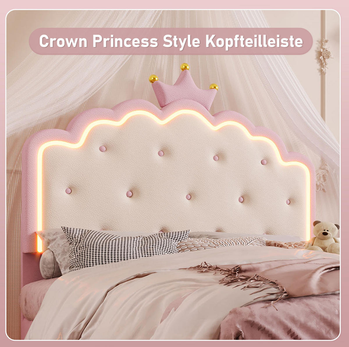 POLSTERBETT 140/200 cm in Rosa mit LED-Beleuchtung und gepolstertem Kopfteil - Rosa, Kunststoff (140/200cm) - BEAOK