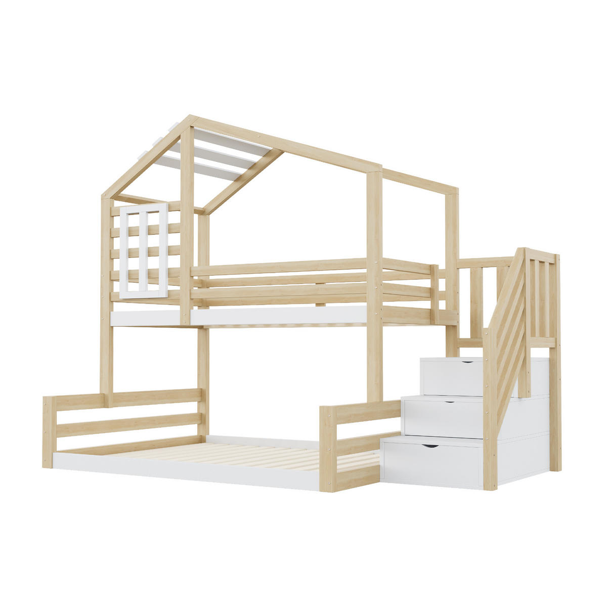 ETAGENBETT aus Kiefernholz 90x200/140x200 cm in Natur mit Treppenschrank & Fenster - Naturfarben, Holz (90/200cm) - Modfu