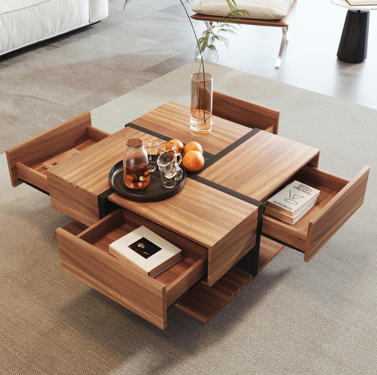 COUCHTISCH 78/78 cm mit 4 Schubladen und Ablageboden in Schwarz/Natur - Naturfarben, Holzwerkstoff (78/78/36cm) - BEAOK
