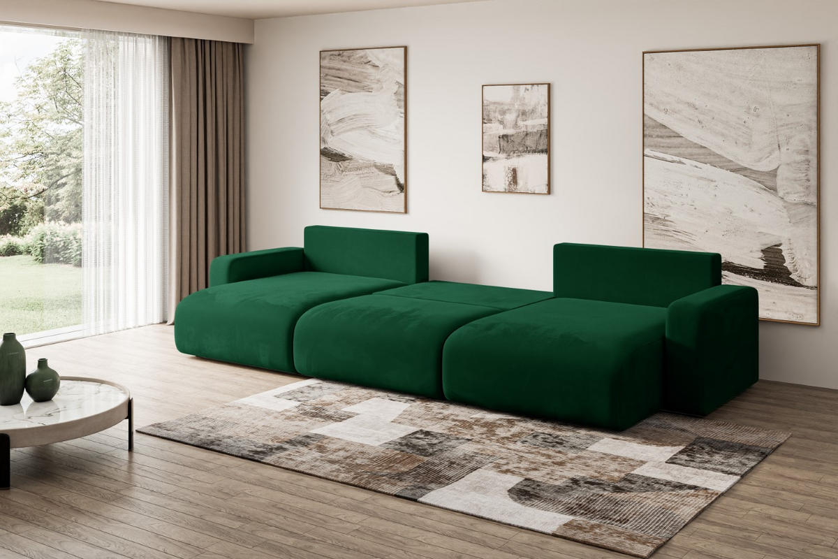 WOHNLANDSCHAFT mit Schlaffunktion und Bettkasten KLEEA-U - 347x143x83 cm Grün Velours - Schwarz/Grün, Holzwerkstoff/Kunststoff (347/83/143cm) - ALTDECOR