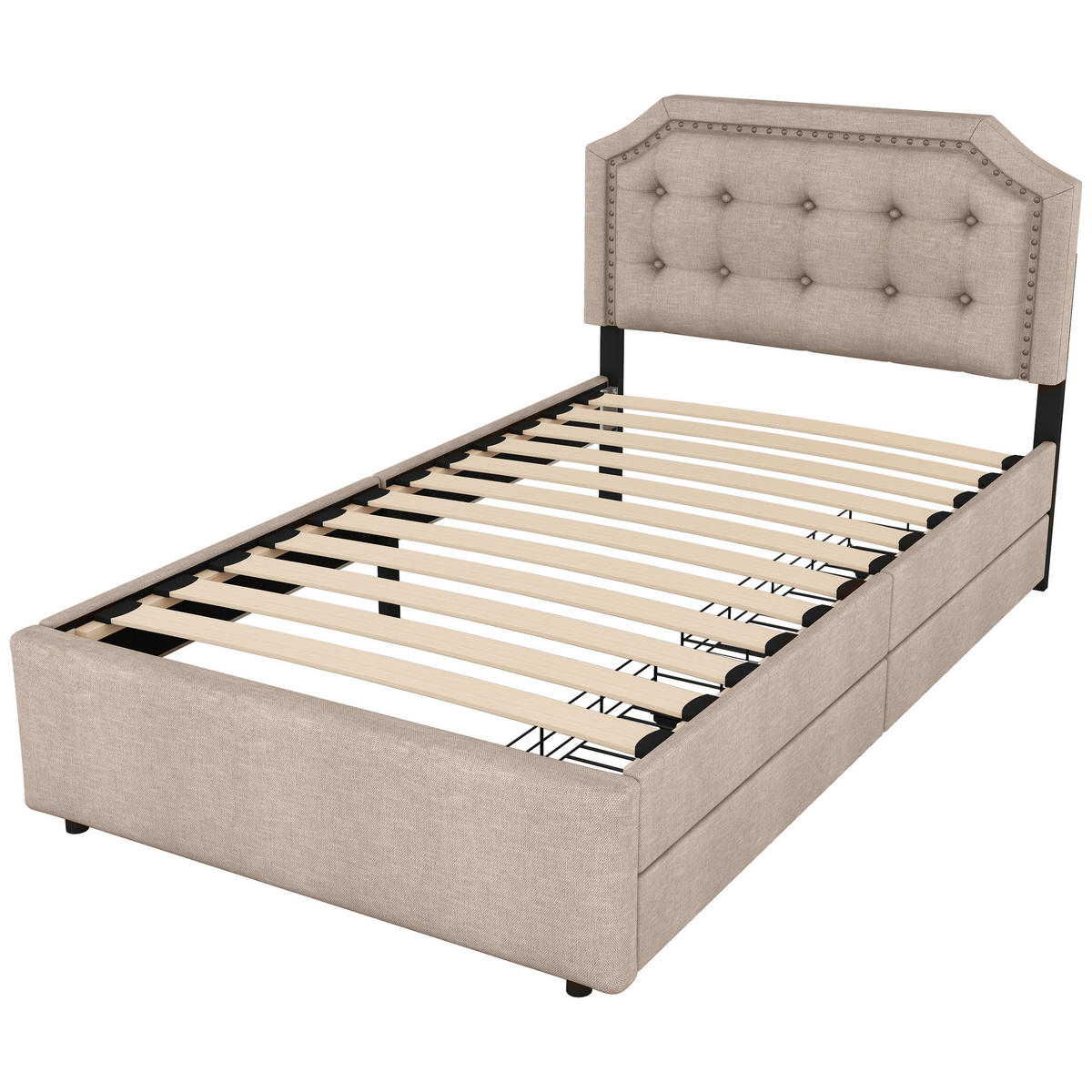 POLSTERBETT 90/200 cm Dunkelbeige mit Aufbewahrung und Zierknöpfen - Beige, Textil (90/200cm) - OKWISH