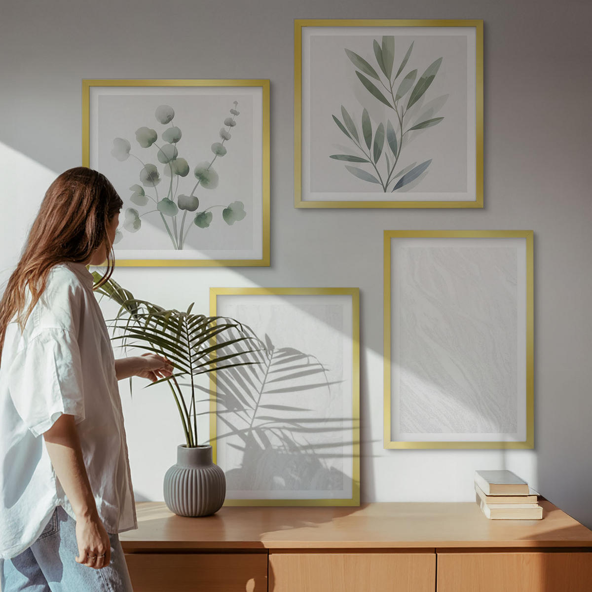 BILDER SET 4er Set - 50x50 cm & 40x60 cm Goldrahmen - Marmorstruktur, pastellfarbene Zweige - Goldfarben, Kunststoff (50/50cm) - TULUP