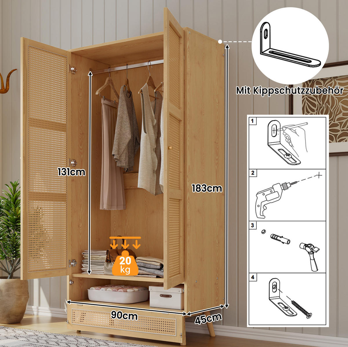 KLEIDERSCHRANK 90/45/183 cm natur aus Holzwerkstoff und PE-Rattan mit Kleiderstange und Klappfach - Naturfarben, Holz (90/183/45cm) - OKWISH