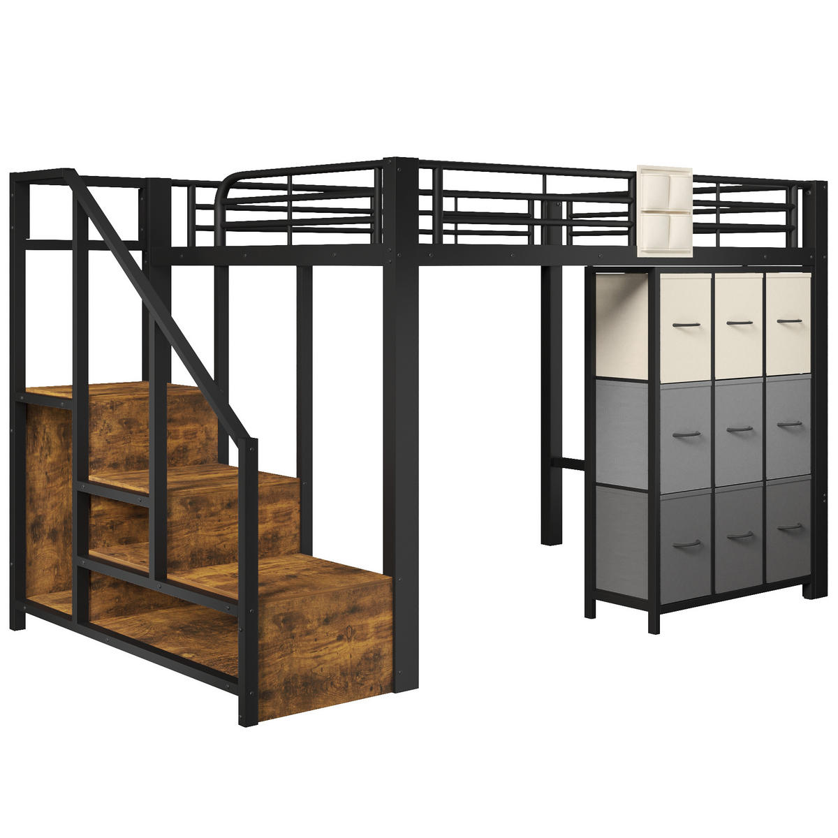 HOCHBETT 140/200 cm mit Metallgestell Schwarz, Schubladen, Kleiderstange und Stauraumtreppe - Schwarz, Metall