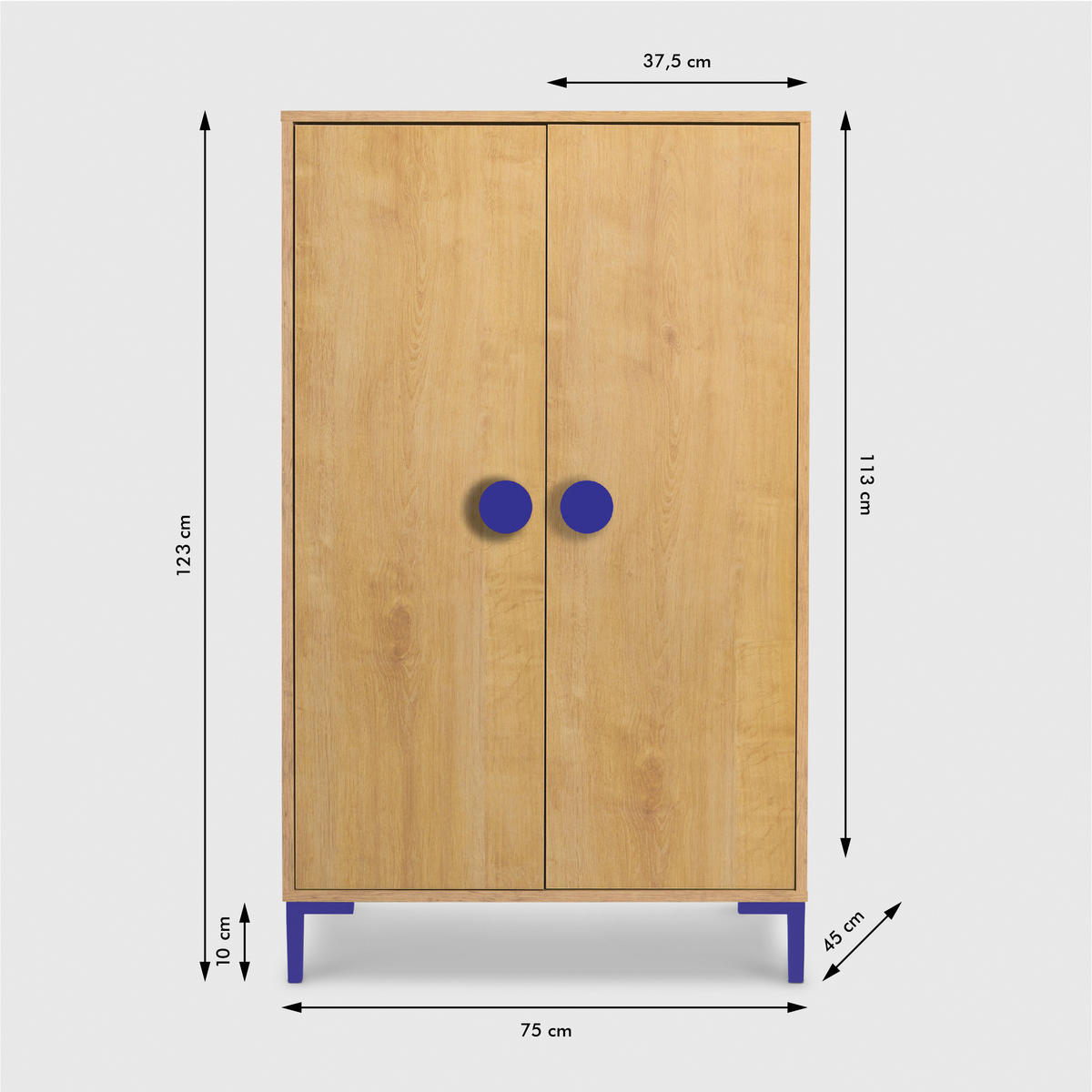 KLEIDERSCHRANK mit 2 Türen, Eichenholzoptik mit blauen Details ALVA KIDS - Blau/Eiche Artisan, Holzwerkstoff (75/123/45cm) - RNT By Really Nice Things