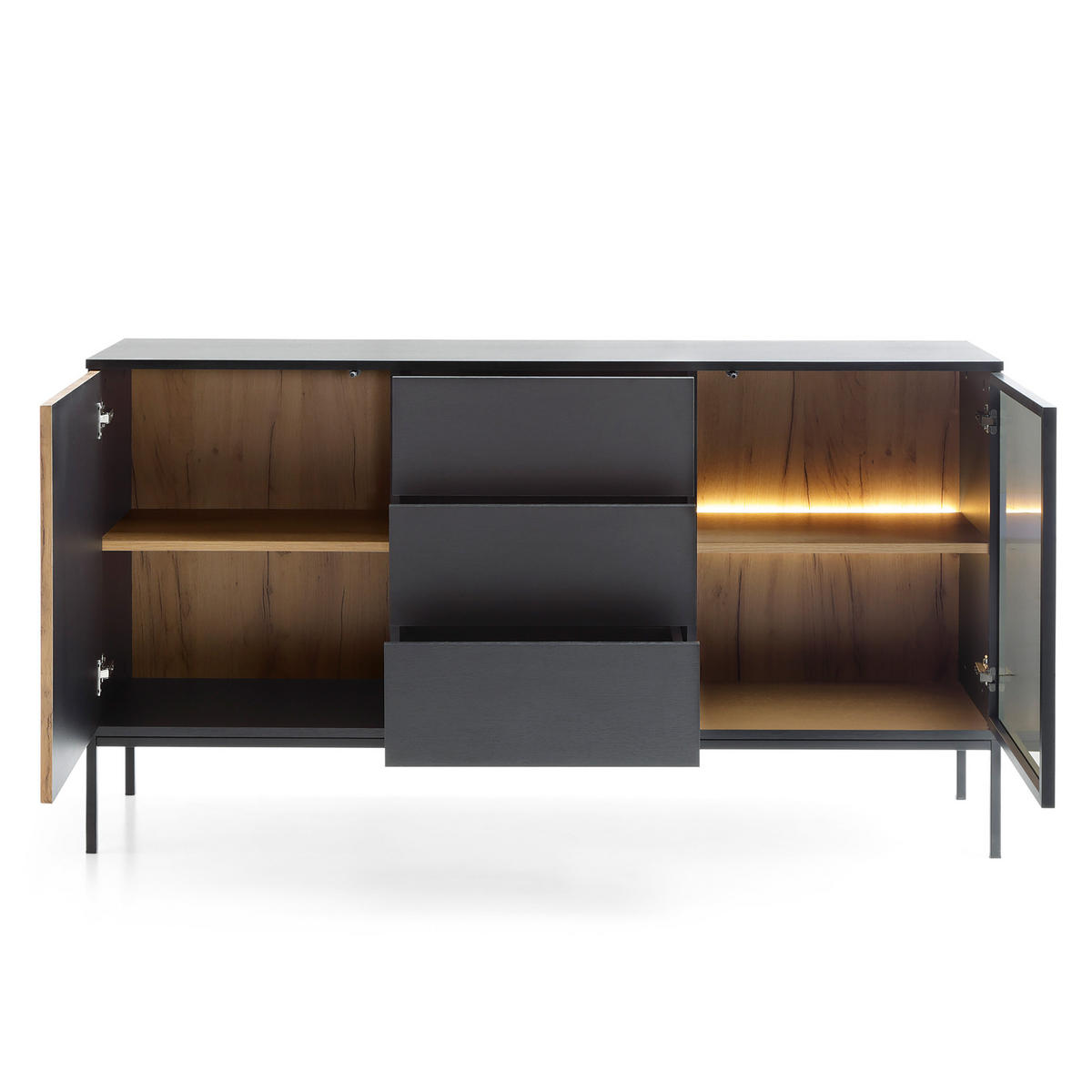 SIDEBOARD SENTIERO 154/83/39 cm mit LED 3 Schubladen und 2 Türen Schwarz - Eiche Wotan/Schwarz, Holzwerkstoff (154/83/39cm) - MASSENO