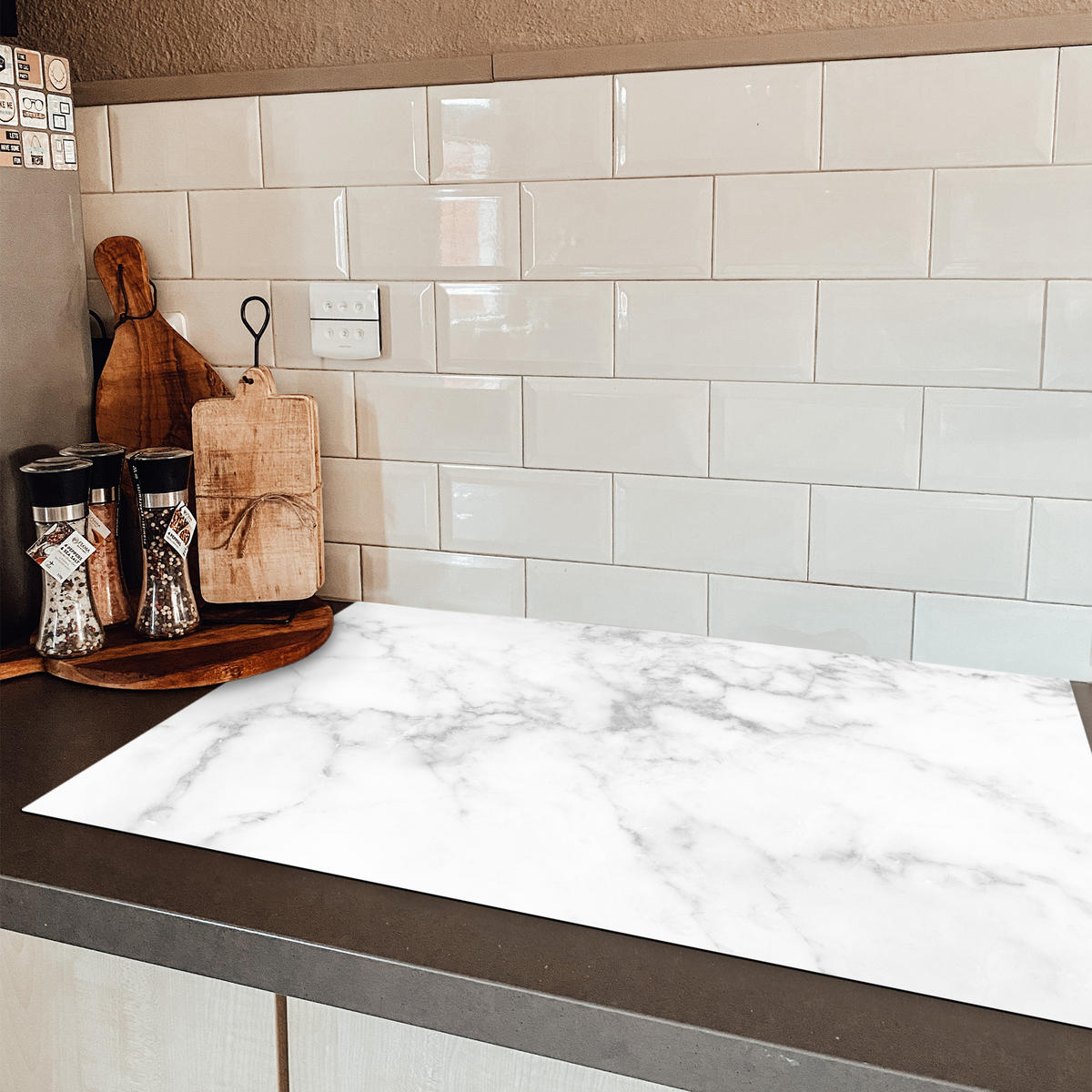 HERDABDECKPLATTE Marmor - Grau - Weiß - Strukturierter Marmor 83x51 cm - Weiß, Kunststoff (83/51.5/0.2cm) - MuchoWow