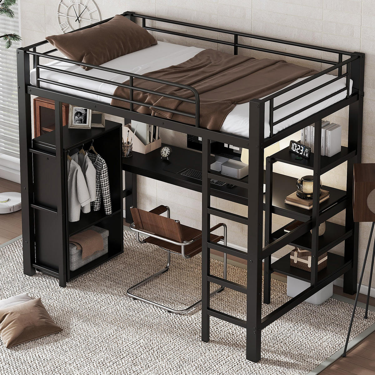 HOCHBETT 90/200 cm aus Metall mit Schreibtisch und Kleiderschrank - Schwarz, Metall (90/200cm) - BEAOK