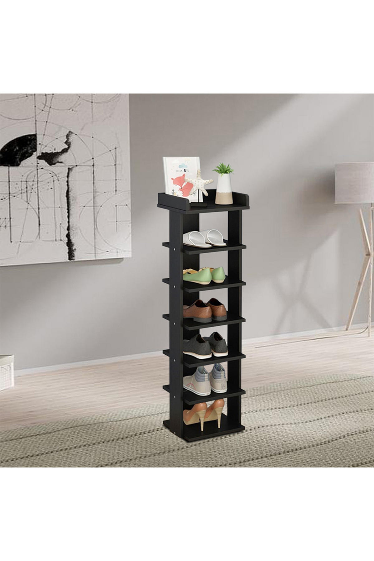 SCHUHREGAL 7-Stufige aus MDF in Schwarz Stabile Konstruktion Offene Ablage Platzsparendes Design 25 x 27 x 104 cm - Schwarz, Kunststoff (25/104/27cm) - Livingandhome