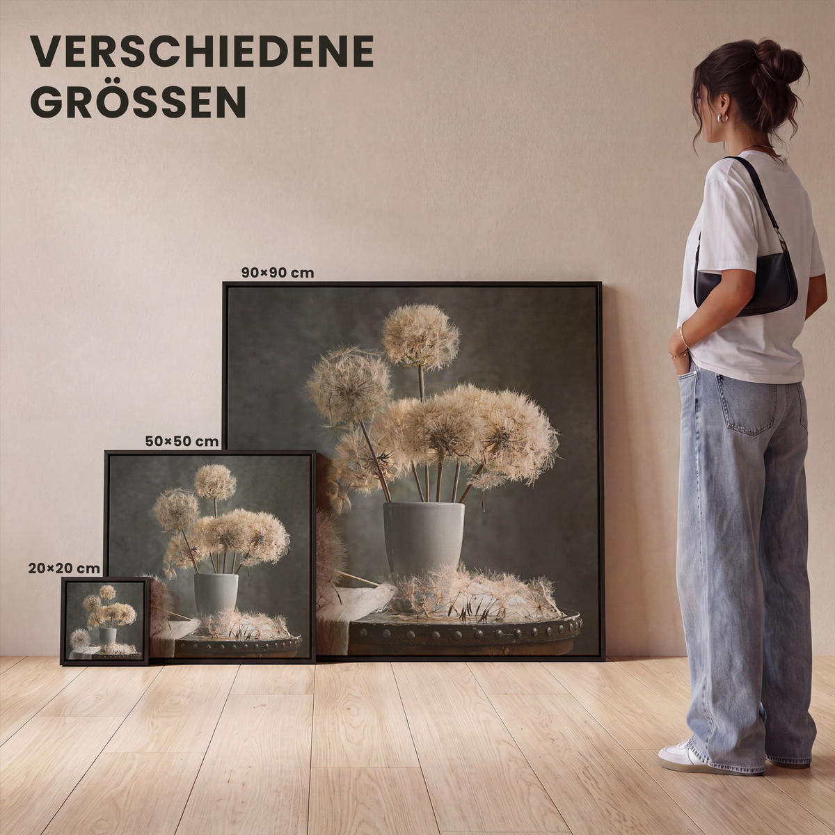 LEINWAND Bilder mit Rahmen - Blumensamen - Löwenzahn - Vase - Stilleben - Blumenstrauß - 90x90 - Dunkelgrau, Textil (90/90cm) - MuchoWow