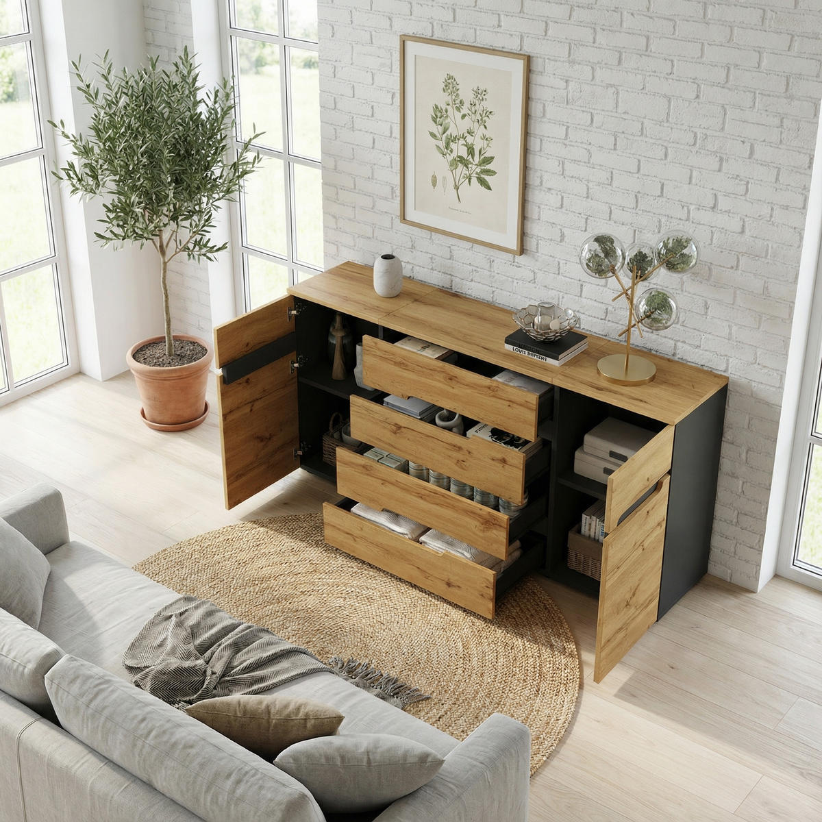 KOMODA, 160x80 cm in holzoptik čierna - dub sonoma, kompozitné drevo (160/80/40cm) - Urban Meuble
