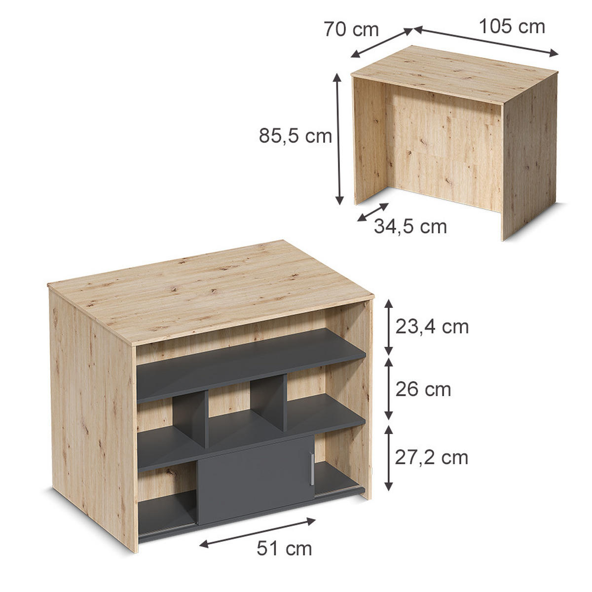 BARTISCH Aventi, Artisan-Eiche/Anthrazit, 105 x 70 cm - Anthrazit/Eiche Artisan, Holzwerkstoff (70/105/85.5cm) - Vicco