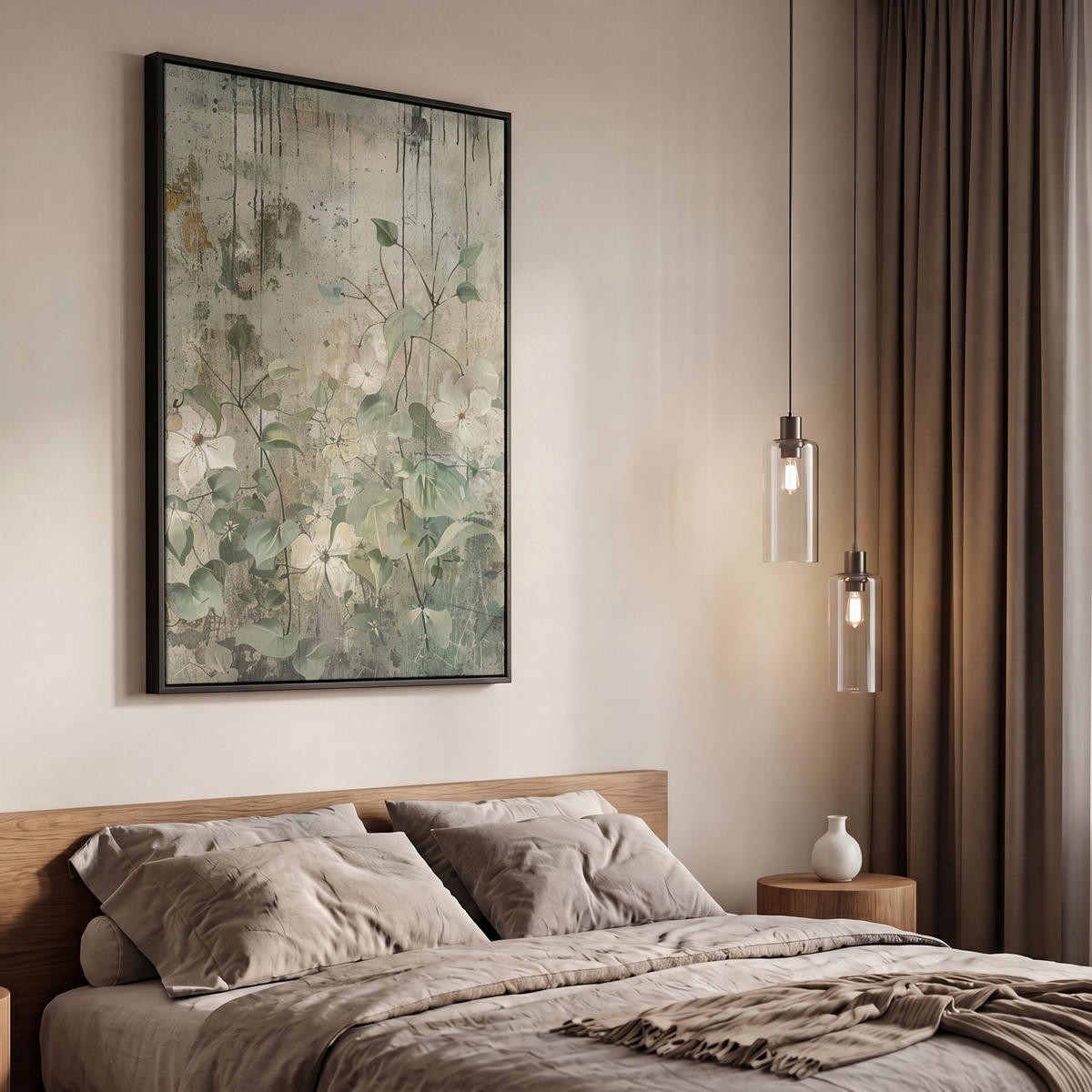 LEINWAND Bilder mit Rahmen - Blumen - Blätter - Abstrakt - Modern - 60x90 - Grau, Textil (60/90cm) - MuchoWow