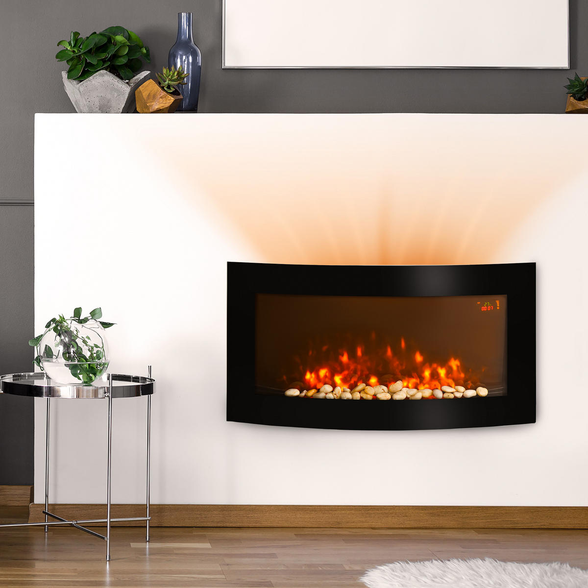 ELEKTROKAMIN Kaminofen Kamin Wandkamin mit Fernbedienung 2 Maße LED Licht - Schwarz, Metall (13.5/48/89.2cm) - HOMCOM