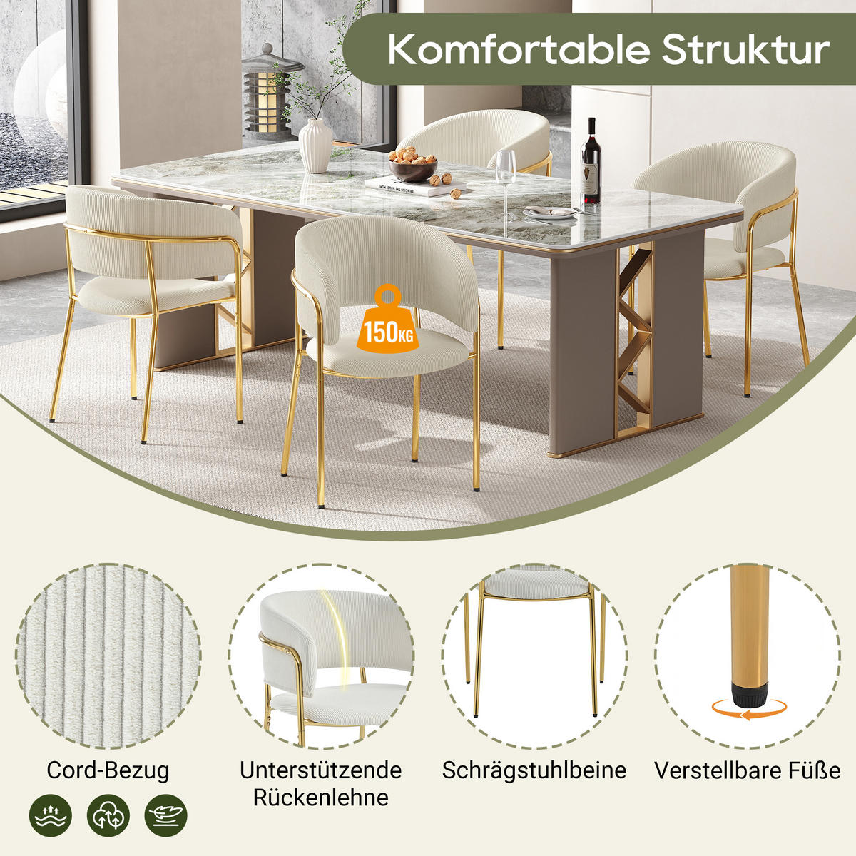 ESSZIMMERSTUHL 2 Stück 55×55×80 cm aus Metall & Holz mit Cord-Bezug, beige - Beige, Metall (55/80/55cm) - Luhomfu